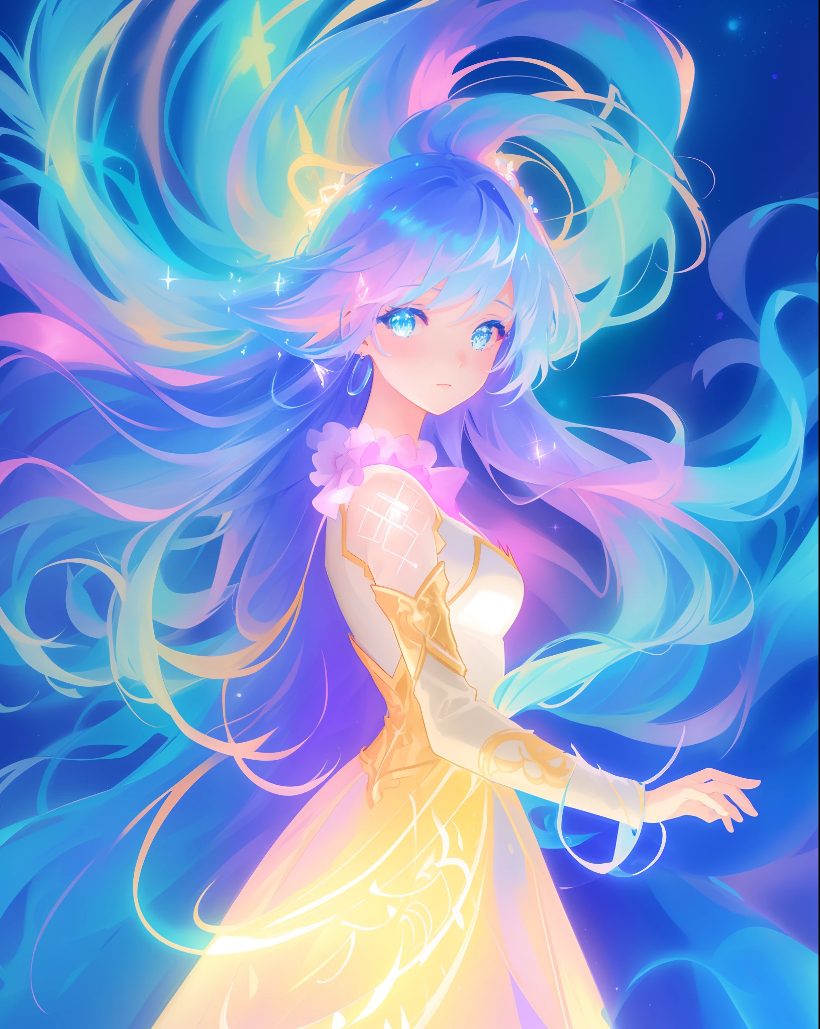 beautiful anime girl in multi-layered ballgown with puffy long sleeves, vibrant pastel colors, (colorful), magical lights, colorful long hair made of liquid light, sparkling lines of light, inspired by Glen Keane, inspired by Lois van Baarle, disney art style, by Lois van Baarle, glowing aura around her, by Glen Keane, jen bartel, glowing lights! digital painting, flowing glowing hair, glowing flowing hair, beautiful digital illustration, fantasia background, whimsical, magical, fantasy, beautiful face, ((masterpiece, best quality)), intricate details, highly detailed, sharp focus, 8k resolution, sparkling detailed eyes, liquid watercolor