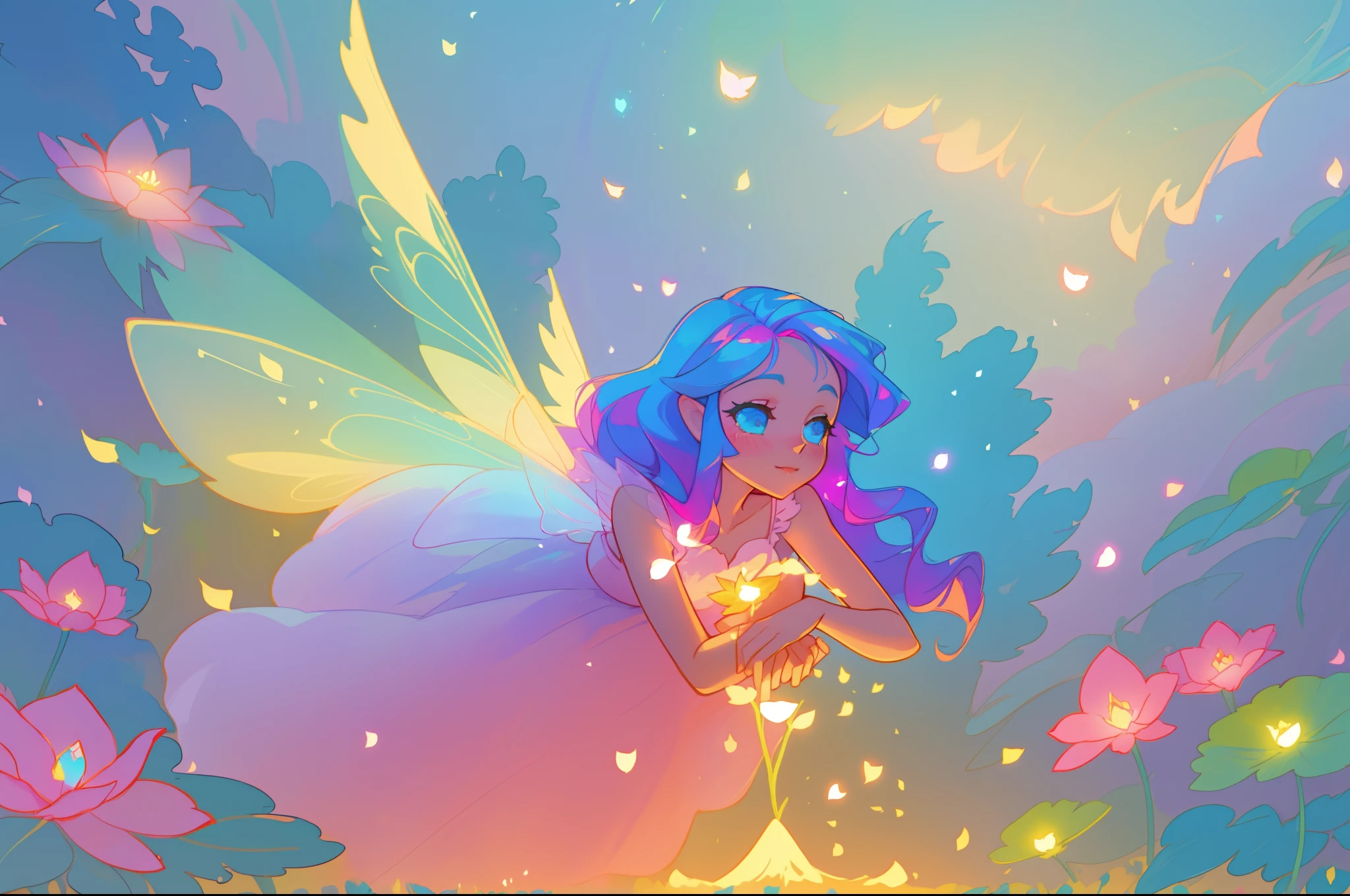 beautiful girl in fairy dress made of flower petals, beautiful fairy queen surrounded by colorful tiny pixies and fairies, glowing tiny fairies, (glowing fairy wings), glowing flowing ballgown, long wavy hair, sparkling fairy wings, watercolor illustration, flowers and colorful plants, inspired by Glen Keane, inspired by Lois van Baarle, disney art style, by Lois van Baarle, glowing aura around her, by Glen Keane, jen bartel, glowing lights! digital painting, flowing glowing hair, glowing flowing hair, beautiful digital illustration, fantasia otherworldly landscape plants flowers, beautiful, masterpiece, best quality, anime disney style