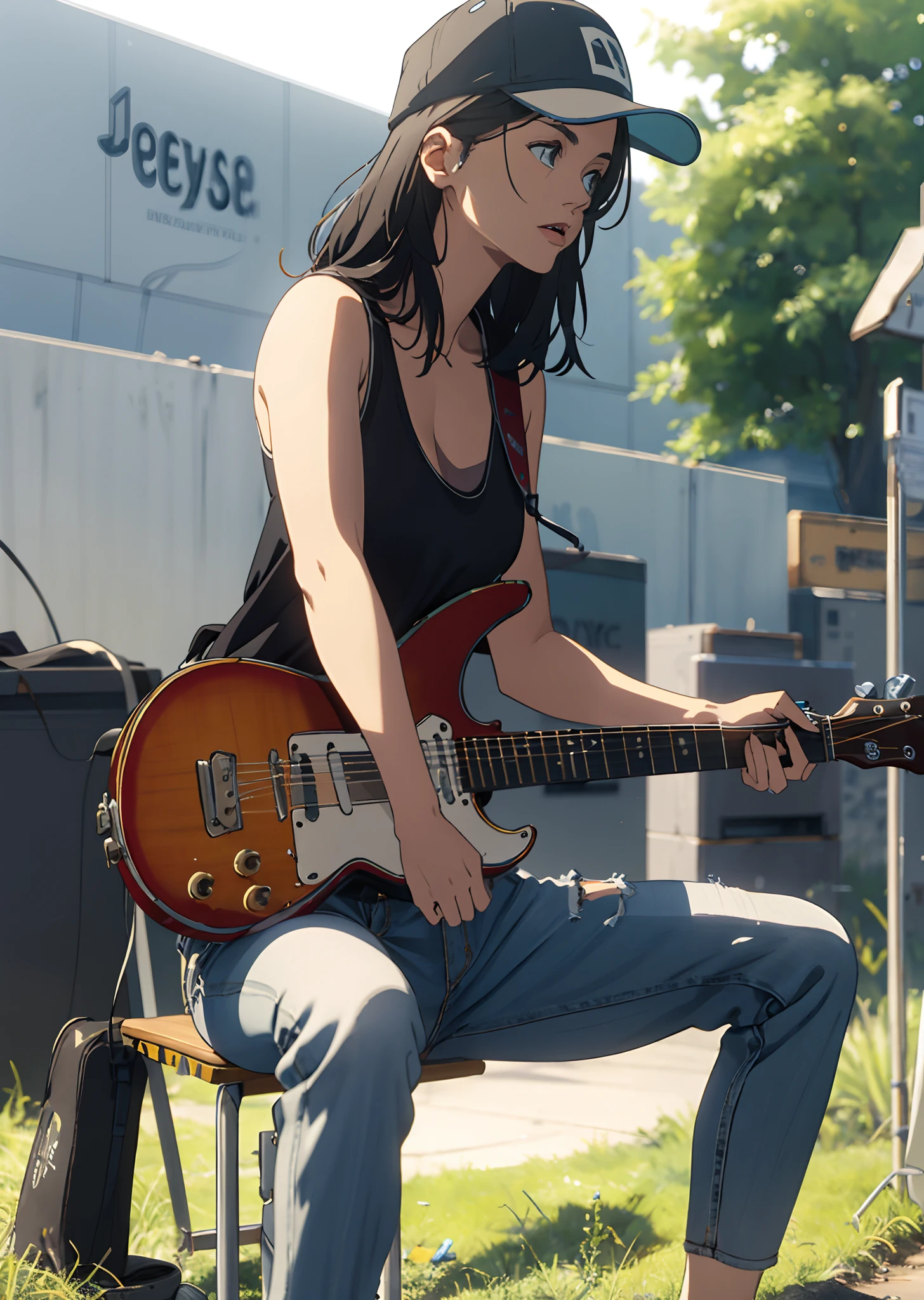 Jessie Reyez wearing backwards cap, tank top, and jeans. Playing guitar on a hill