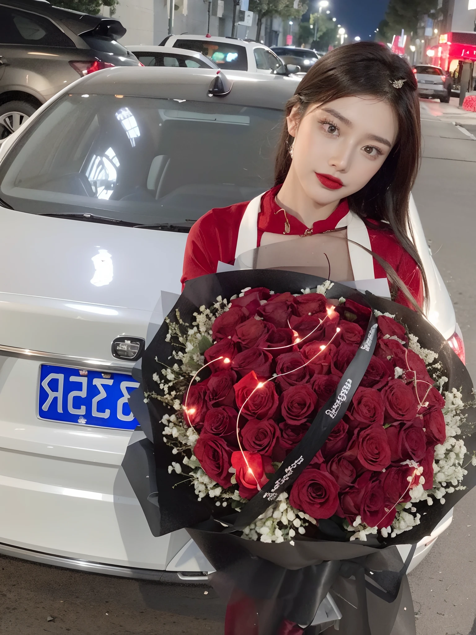 There was a woman holding a bouquet of roses in front of the car, 👅 👅, F32, F 3 2, Red neon rose, Red roses, F 2 0, shaxi, ❤🔥🍄🌪, Middle metaverse, 8K)), 1614572159, 480p