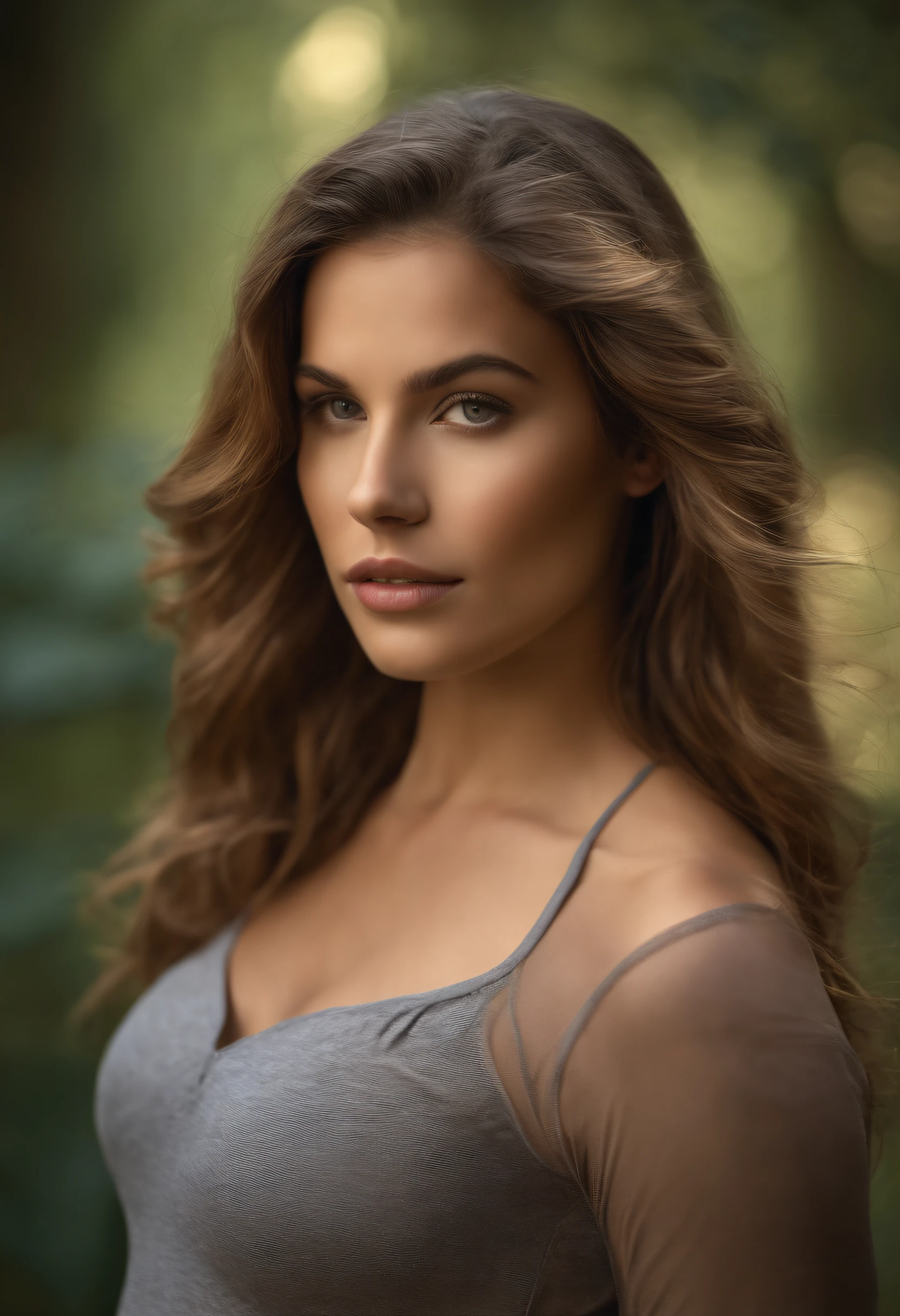 Photographie naturelle d'une belle fille, Wear a very tight crop top, se pencher en avant, cheveux longs et fluides, Grand buste, locks eyes in the camera, eyes symmetrical, symmetrical face, photoreallistic, photographie, Path layout, specular lighting, Volumetric facial light, Hair path, Ombres visibles, complexe, elaborate