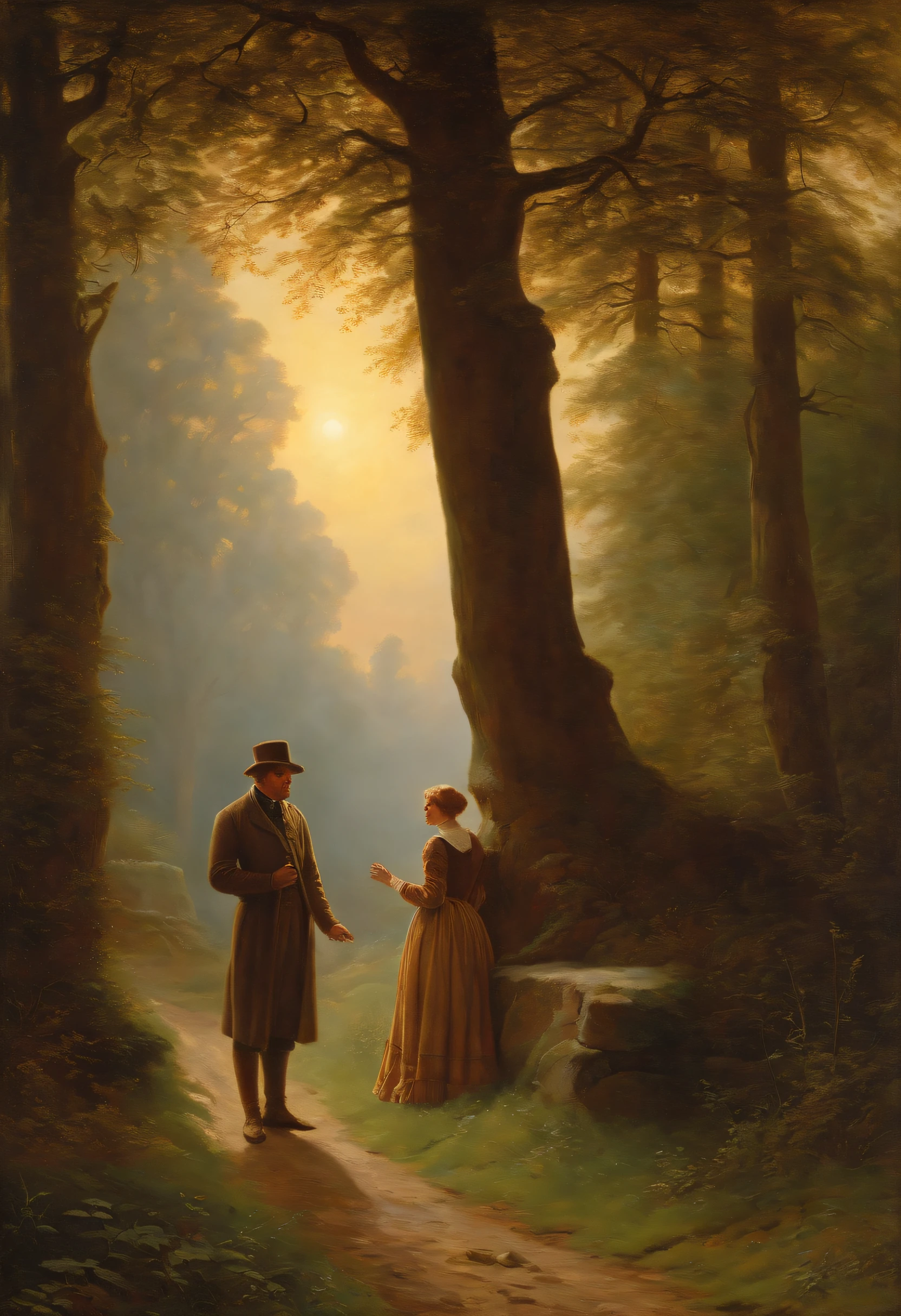 Oil Painting of a Man and a young beautiful Woman, die auf einem Feld mit einer Kirche im Hintergrund (spazieren gehen), Sonne seitlich von vorn, (Stadt im Stil Karl Friedrich Schinkel von mit Kirchturm im Hintergrund), romantisches Licht und Schatten, a painting by Caspar David Friedrich, Shutterstock, Romantik, 4 K, (Romantik Malerei), Klassizistische Malerei, Romantik Landschaftsmalerei, caspar david friedrich, caspar friedrich, dunkel, david friedrich, atmospheric scene, Karl Friedrich Schinkel