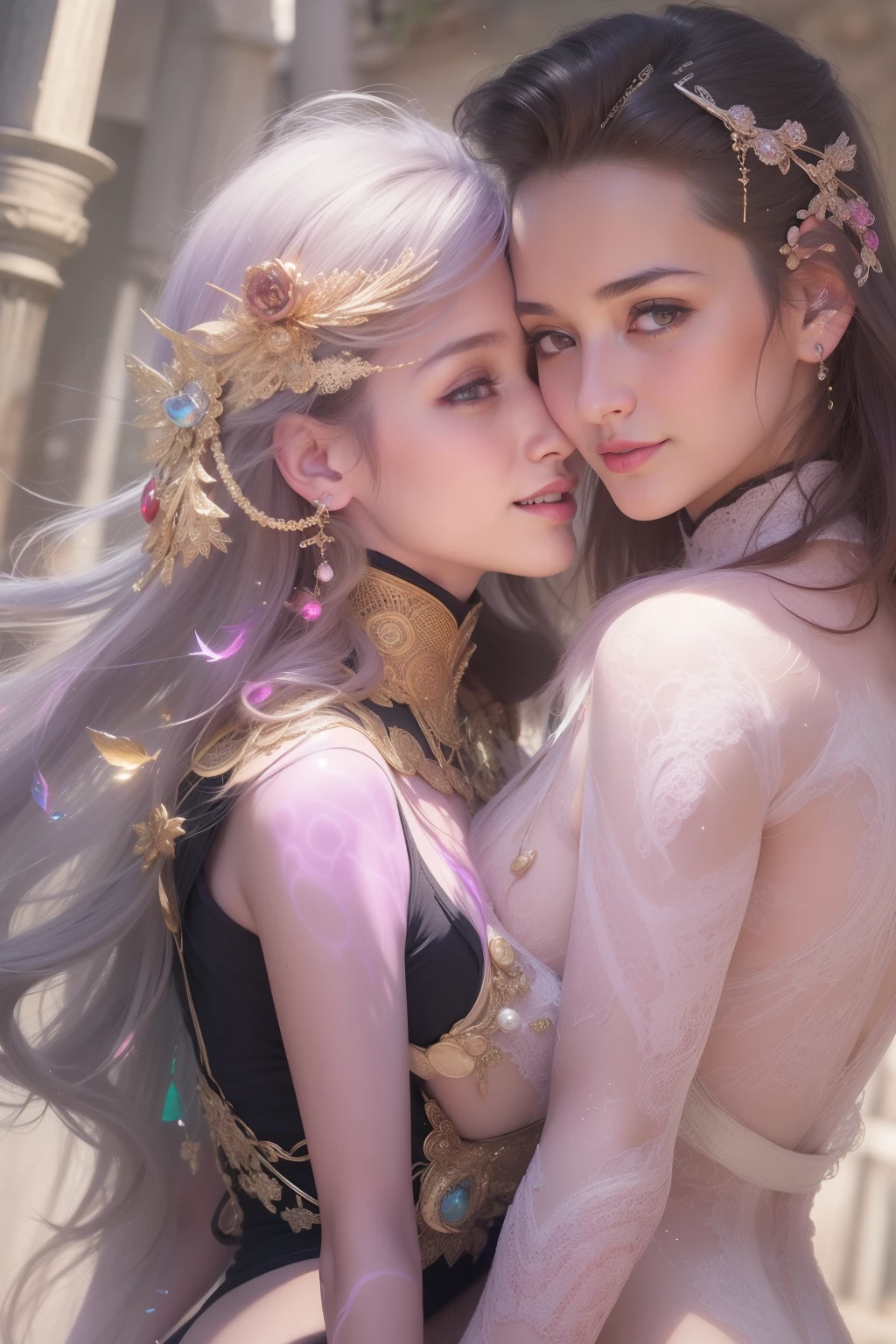 (Two beautiful age italian girls:1.6), Close friends, (They are hugging each other:1.2), Kiss her cheek or chest,(Detailed iridescent bodysuit with beautiful fractal or marble design:1.5)Incredible and spectacular scenes, ((High quality)), ((Detailed)), ((Fantasy)), Blue Plasma Brain, Green Plasma Body, Vulgarity, beutiful breast, (Open legs:1.4), obscenity, (Lewd smile:1.2), coarse, Obscene, mean, (raunchy:1.2), (Immoral:1.2), Lachish, (small breasts with beautiful raised pink areolas,:1.5), (Cameltoe), (Expression of ecstasy:1.2), Photorealistic, Official art, unity 8k wall paper, 8K Portrait, Best Quality, Very high resolution, (Incredibly beautiful nature background:1.6), (18 years old:1.5), (Sexy and glamorous:1.1), (A coquettish expression:1.6), (seductively smiling:1.6), (Full body), (erotic posing:1.5), Beautiful seductive face, Portrait, (Thick eyebrows:1.5), (Big purple eyes:1.2), Beautiful eyes with fine symmetry, (Ultra detailed eyes:1.4), (High resolution eyes:1.1), Intimate face, (ultra detailed skin texture:1.4), White skin, pale skin, Perfect Anatomy, Thin, (Beautiful toned body:1.1), Hair Bow, (Moist skin:1.1), full of sweat, No makeup, dark circles, Good anatomy, Focus Face, good-looking, (Emilia Clark:0.6) (Emma watson:0.3),(Jennifer Connelly:0.4), (sensual face:1.5), Elegant face, Nice, Dolce, Blurry back((looks up)), ((Looking down)), (Around her neck is a simple necklace of exquisite workmanship), (Bioluminescence with brilliant brilliance:1.3), (Use fancy flame magic:1.2), (Swirling flames), The Great Temple of the Devil, The Devil's Grand Shrine, great temple, great cathedral, temple ruins, detached temple, (Luminous magic circle), Ruins of an ancient castle, Shining majestic cloud masses and sky, lightning bolt, Epic Realistic, Faded, Art Book, (Greg Rutkowski:0.8), (teal and orange:0.4), (Art Station:1.5), Cinematic, ((Neutral colors)), (nffsw:1.5), (Muted colors:1.2), Hyper Detailed, Dramatic light, (Intricate details:1.1), Complex bac