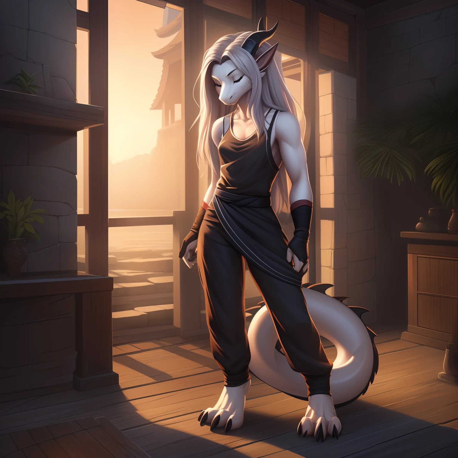 (masterpiece, best quality, high quality, highres:1.4), detailed, extremely detailed, dark lighting, 4K, female, 1female, slim_woman, toned body, dragon, white body, smooth skin, anthro legs, tone body, (dragon feet), (toe claw), black spikes, (detailed eyes), dragon horn, dragon tail, bare_shoulders, (clothing, topwear: tanktop, handwear:(cloth wrap), bottomwear:(pants:black))), beautiful, ((mouth closed)), long silver hair, has hair, pretty, monk, timid, averting eyes, cute, standing in a dojo