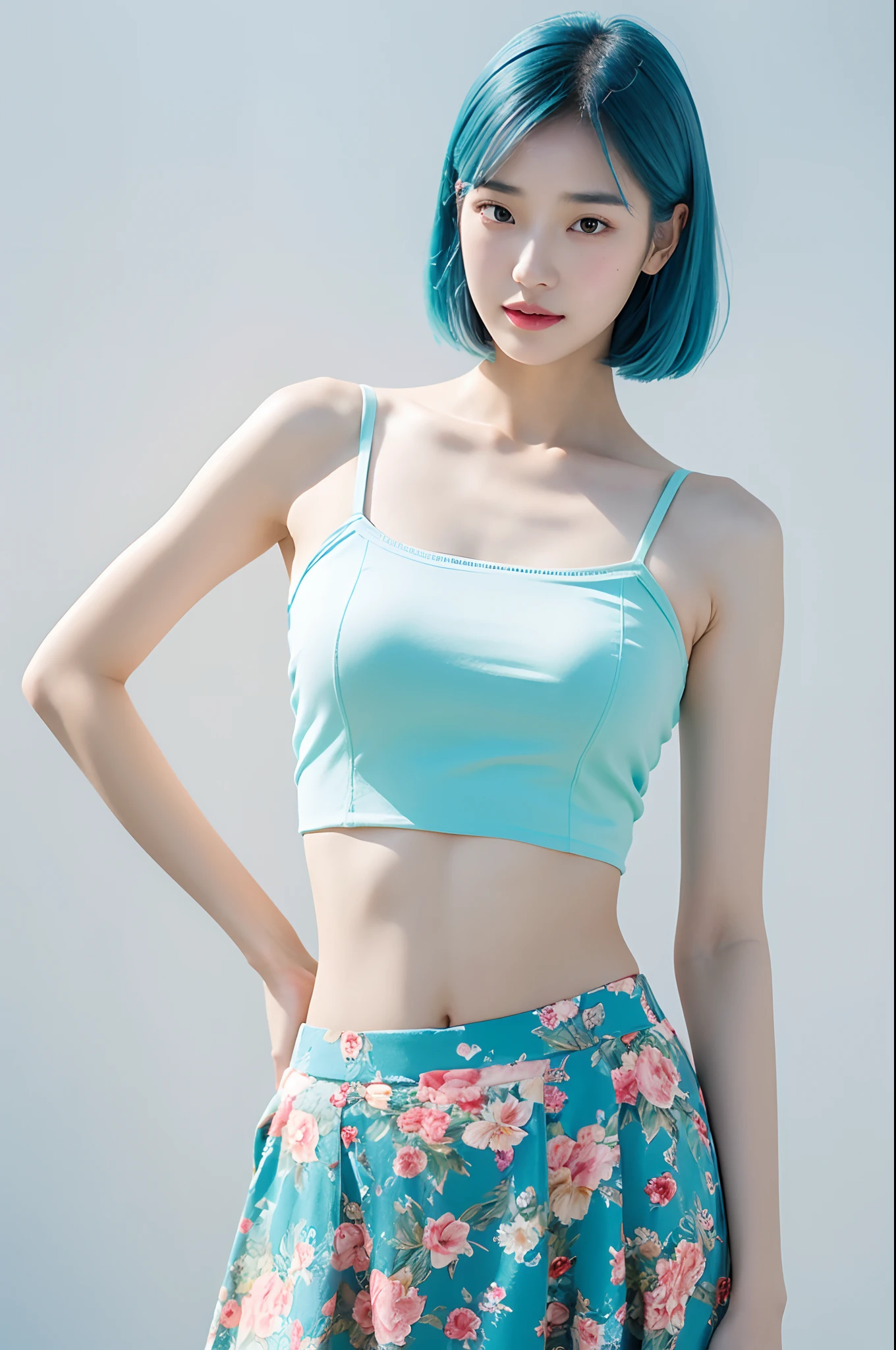 a woman in a floral crop top and mint skirt posing for a picture, croptop, crop top, bralette, wearing white camisole, bae suzy, wearing a camisole, physical : tinyest midriff ever, gorgeous young korean woman, heonhwa choe, cutecore, lulu chen, reluvy5213, light blue hair