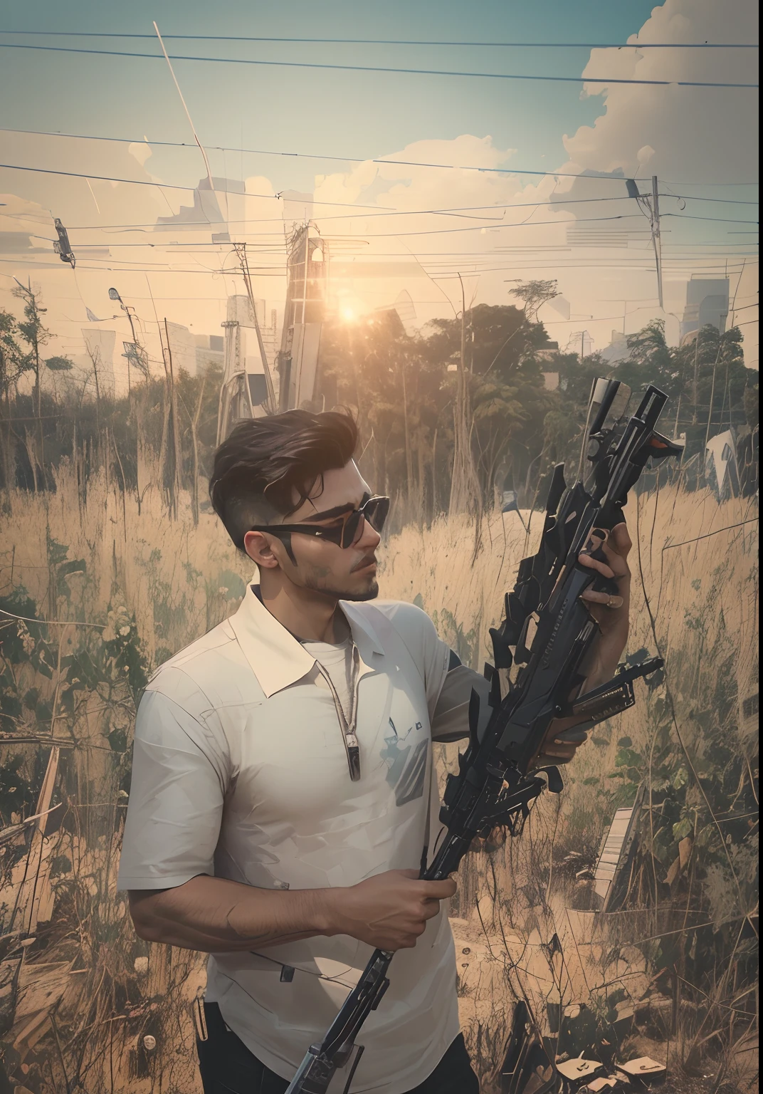 Change background cyberpunk handsome boy, realistic face, 8k, ultra realistic, ak 47,