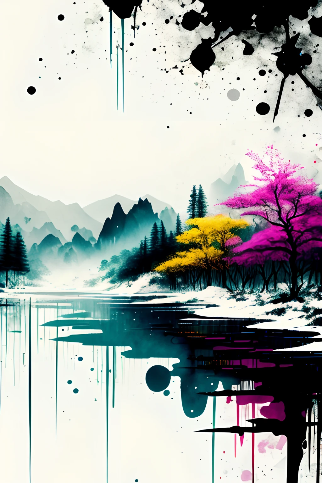 white backgrounid, scenecy, mont, Eau, the trees,Color ink,splash of color,