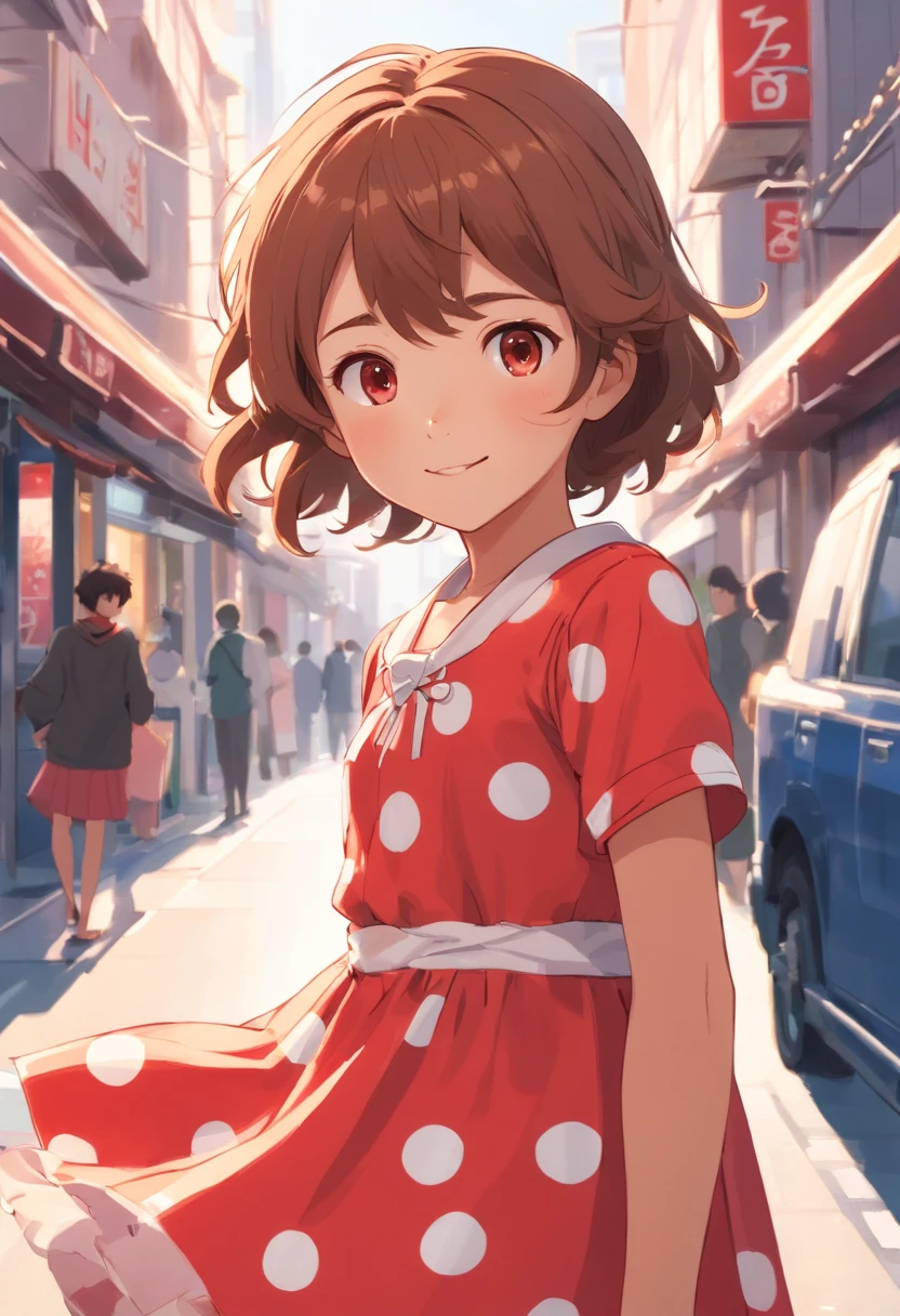 8--old l with a red polka-dot dress, curly hair down to her shoulders, happy, light brown skin.