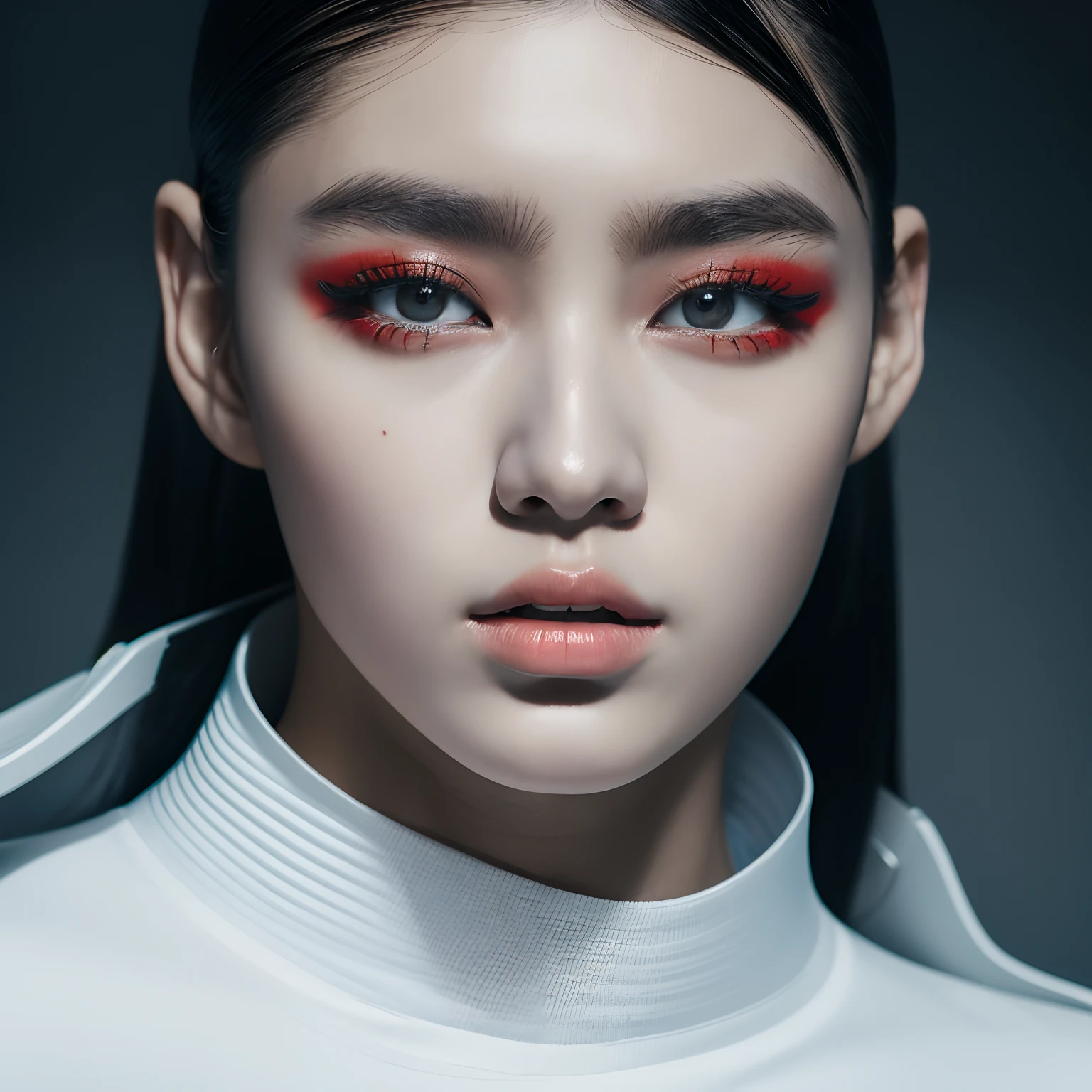 An extraordinary photography of a cyborg Korean woman. high editorial photo, wearing futuristic normcore fashion, glossy lips, double eyelids, hyper res