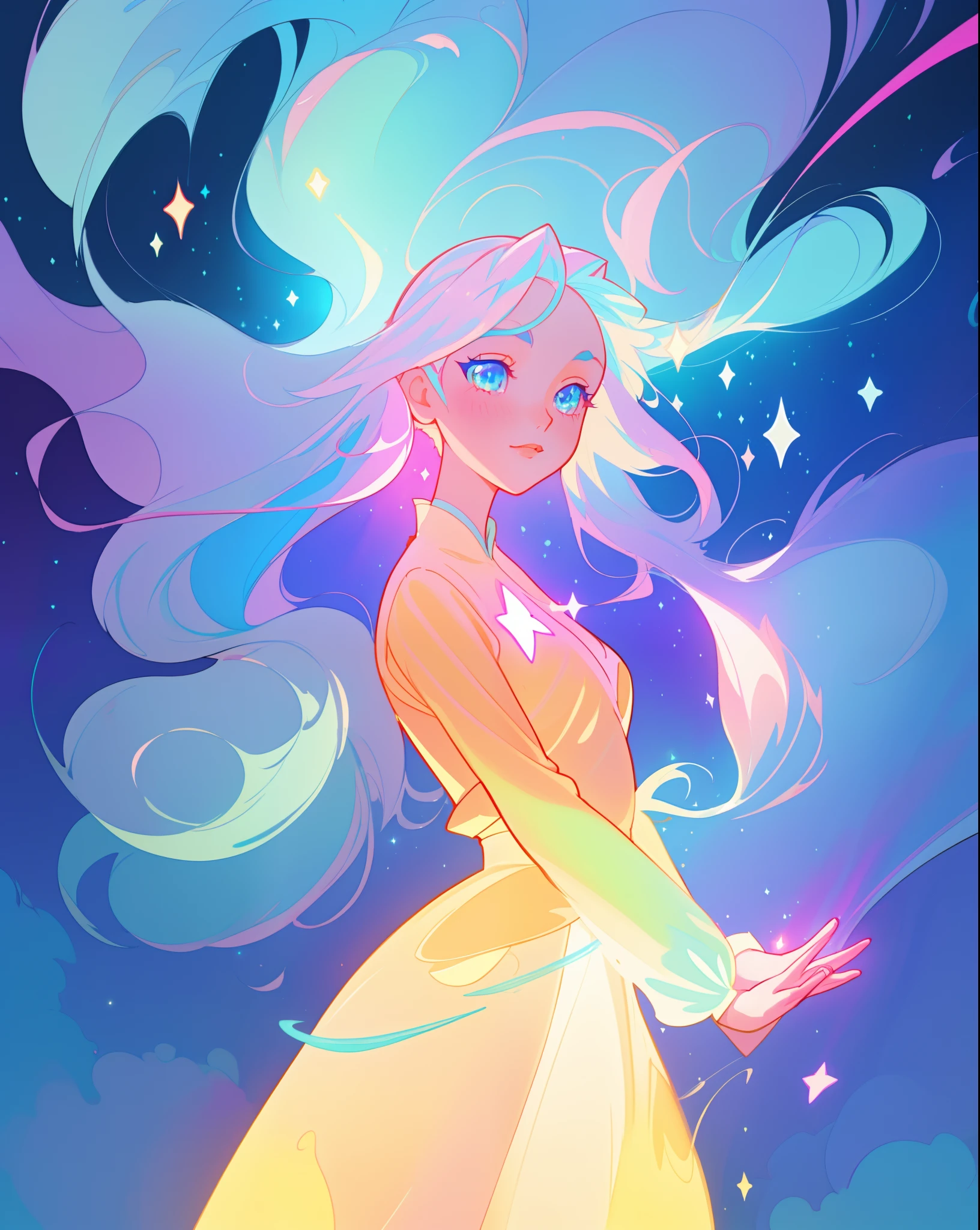 beautiful anime girl in multi-layered ballgown with puffy long sleeves, vibrant pastel colors, (colorful), magical lights, colorful long hair made of liquid light, sparkling lines of light, inspired by Glen Keane, inspired by Lois van Baarle, disney art style, by Lois van Baarle, glowing aura around her, by Glen Keane, jen bartel, glowing lights! digital painting, flowing glowing hair, glowing flowing hair, beautiful digital illustration, fantasia background, whimsical, magical, fantasy, beautiful face, ((masterpiece, best quality)), intricate details, highly detailed, sharp focus, 8k resolution, sparkling detailed eyes, liquid watercolor