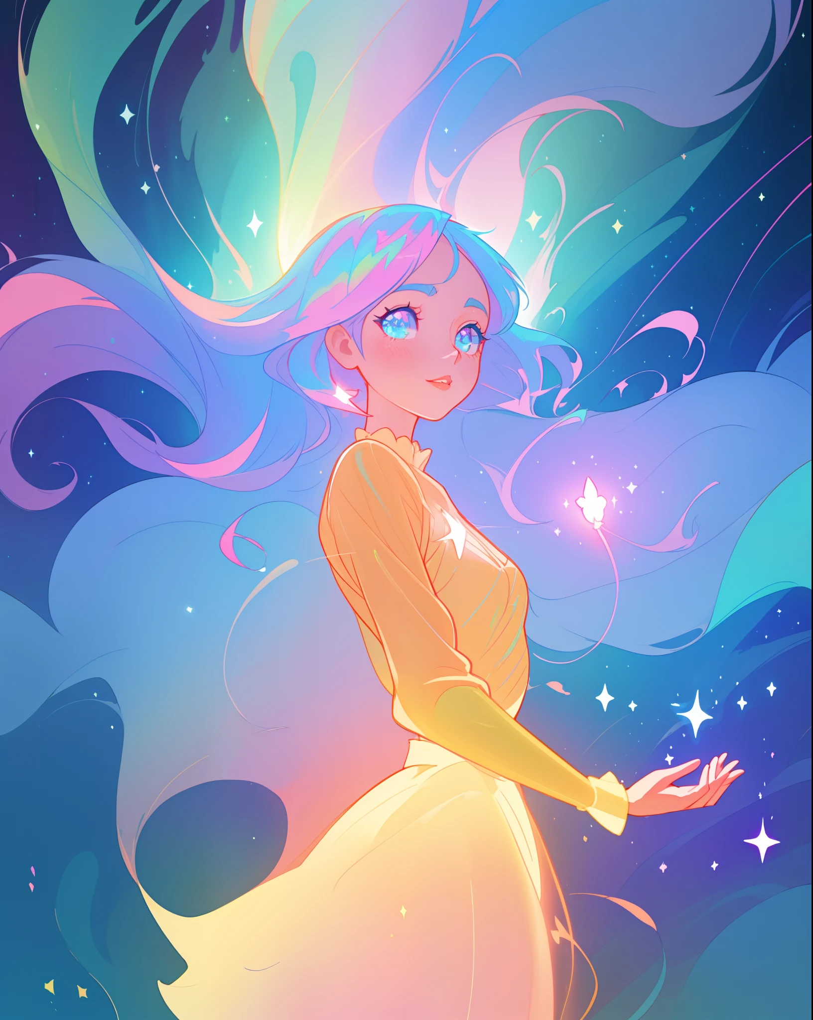 beautiful anime girl in multi-layered ballgown with puffy long sleeves, vibrant pastel colors, (colorful), magical lights, colorful long hair made of liquid light, sparkling lines of light, inspired by Glen Keane, inspired by Lois van Baarle, disney art style, by Lois van Baarle, glowing aura around her, by Glen Keane, jen bartel, glowing lights! digital painting, flowing glowing hair, glowing flowing hair, beautiful digital illustration, fantasia background, whimsical, magical, fantasy, beautiful face, ((masterpiece, best quality)), intricate details, highly detailed, sharp focus, 8k resolution, sparkling detailed eyes, liquid watercolor
