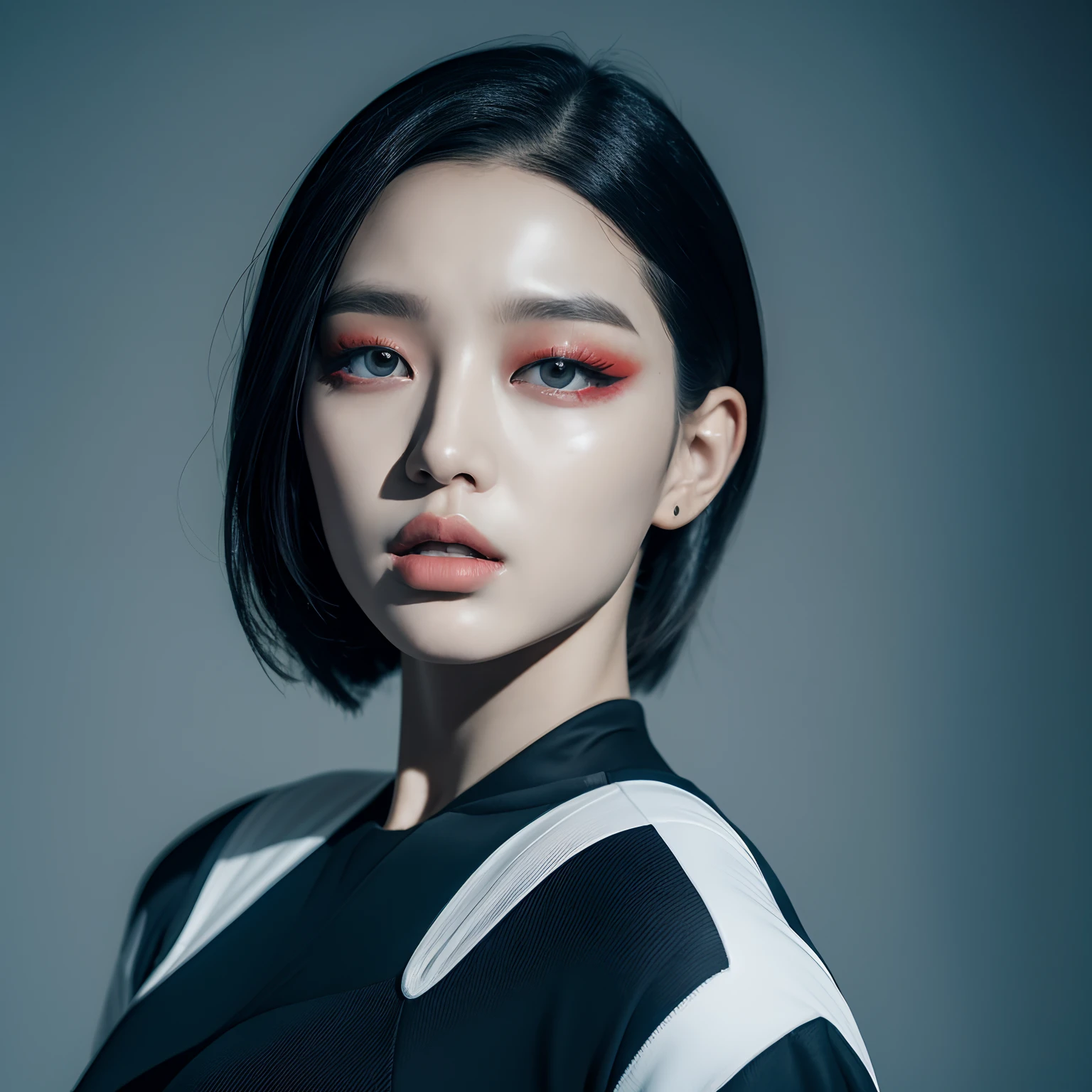 An extraordinary photography of a cyborg Korean woman. high editorial photo, wearing futuristic normcore fashion, glossy lips, double eyelids, hyper res