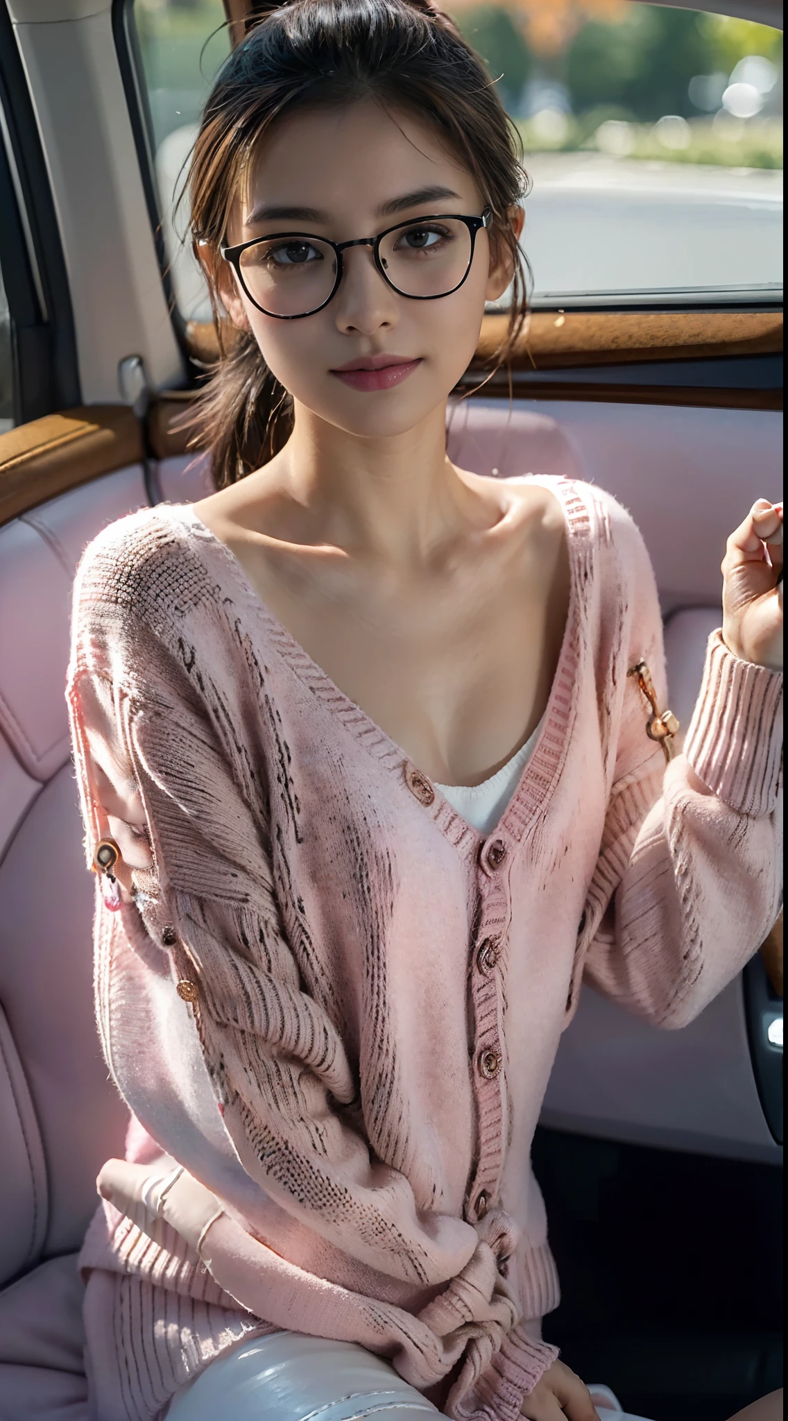 ((Small underboob)), (shoulder length straight short hair:1.0), Black hair,Upper body, （Extremely meticulous CG 8k wallpaper），（Extremely refined and beautiful），（Masterpiece），（best qualtiy：1.0），（Ultra High Resolution：1.0），beautiful light up，Perfect lightning，realistic shaded，[A high resolution]，Smooth and flawless fair skin，Extremely exquisite facial details，（perfect body：1.1），ultra - detailed，A beautiful girl,small head,(short ponytail:1.1),glasses,(Small breasts:1.1)，Flat chests，slim，thin，Smile，cheerfulness，(Pink sweater cardigan:1.5),(white pantyhose:1.5），autumn，Morning,in a spacious private car,A female driver,(sitting in seat and place her both hands on the steering wheel:1.5),intently driving car,safety belt,Shot,(cowboy shot:1.3),as if the camera is on the passenger seat,(Portrait above chest level:1.3),looking straight ahead