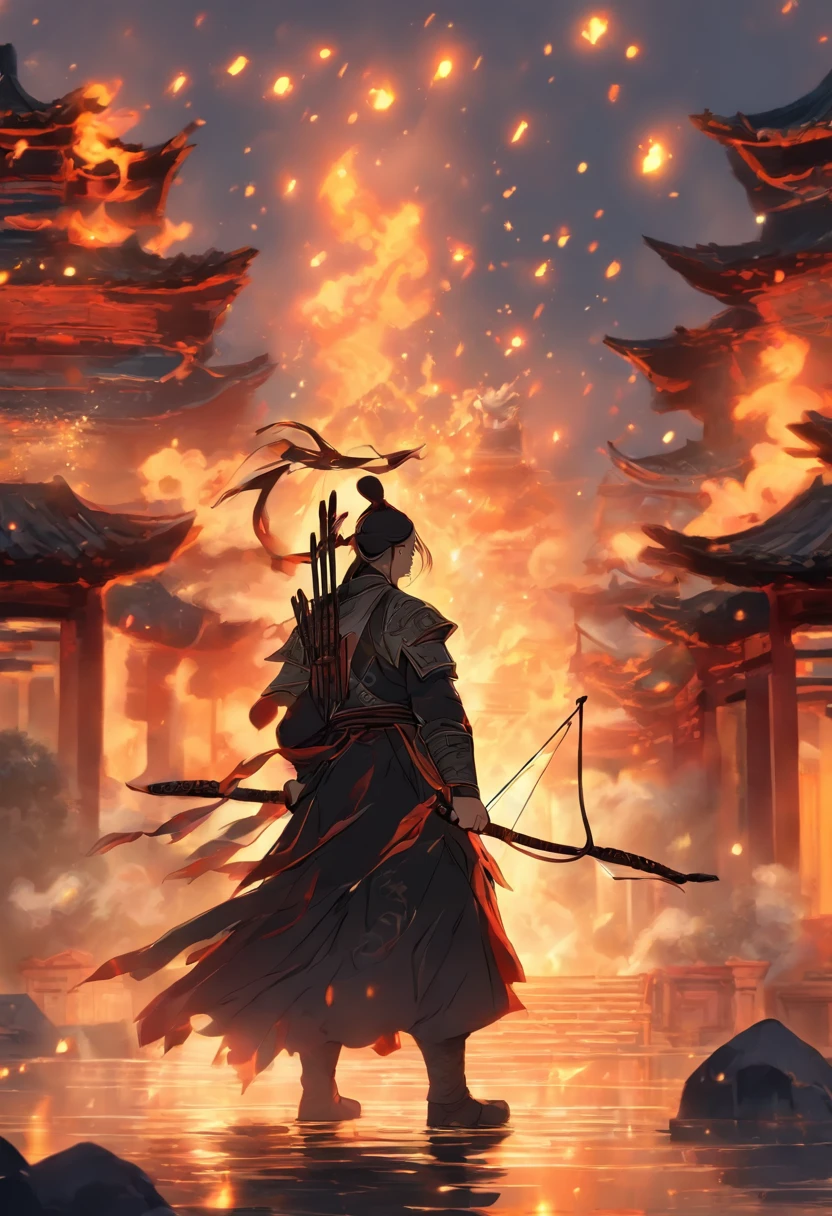 ((master piece)),(Best quality)),Distant view,archer,Middle-aged Taoist,Ancient wars,Soldiers,Ancient city walls,Chinese Ancient Architecture,fire glow,bow and arrows,Glow effects,Hyper-realistic,Ultra-realistic simulation,Chinese black and white ink style,Black and white ,discoloration,stain,ink,8K,super-fine,High quality