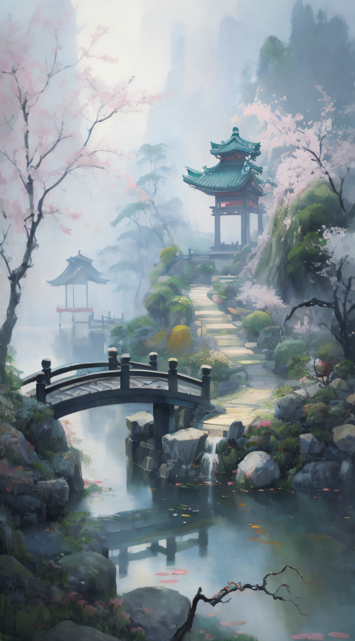 painting of a japanese garden with a bridge and a pond, ross tran. scenic background, inspired by sung choi, inspired by Fenghua Zhong, wlop and ross tran, scenery artwork, inspired by Kim Hong-do, beautiful art uhd 4 k, ross tran 8 k, inspired by Yeong-Hao Han, by Fan Qi