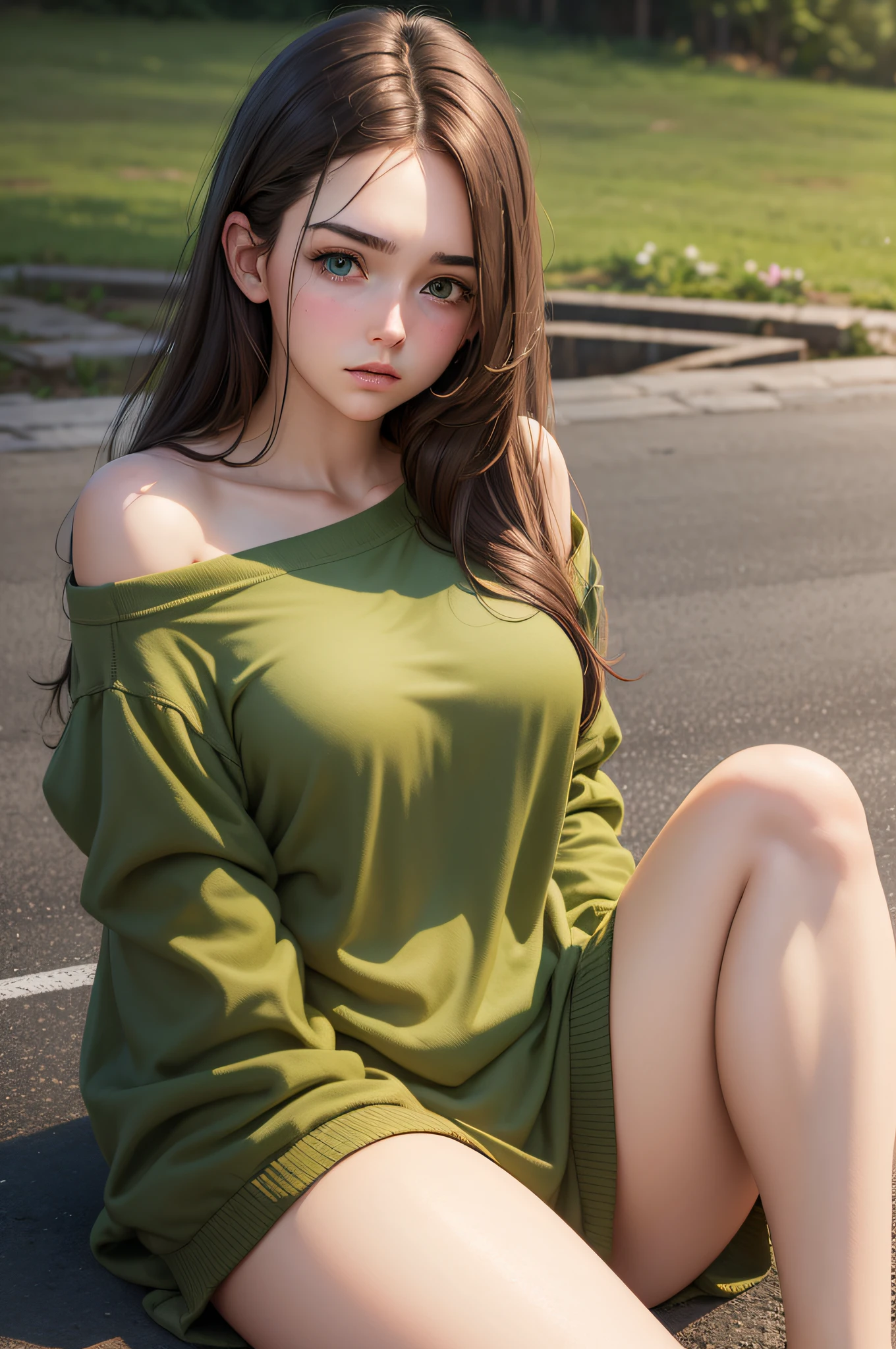 1 girl, ((Masterpiece)), ((Best quality)), hyperrealistic, Woman wearing only an oversized man's shirt, hands between pelvis, one shoulder uncovered, baggy clothes, Looking worried, blushing face, sitting on the ground, long brown hair, green eyes, 25 years old, close up, full body.