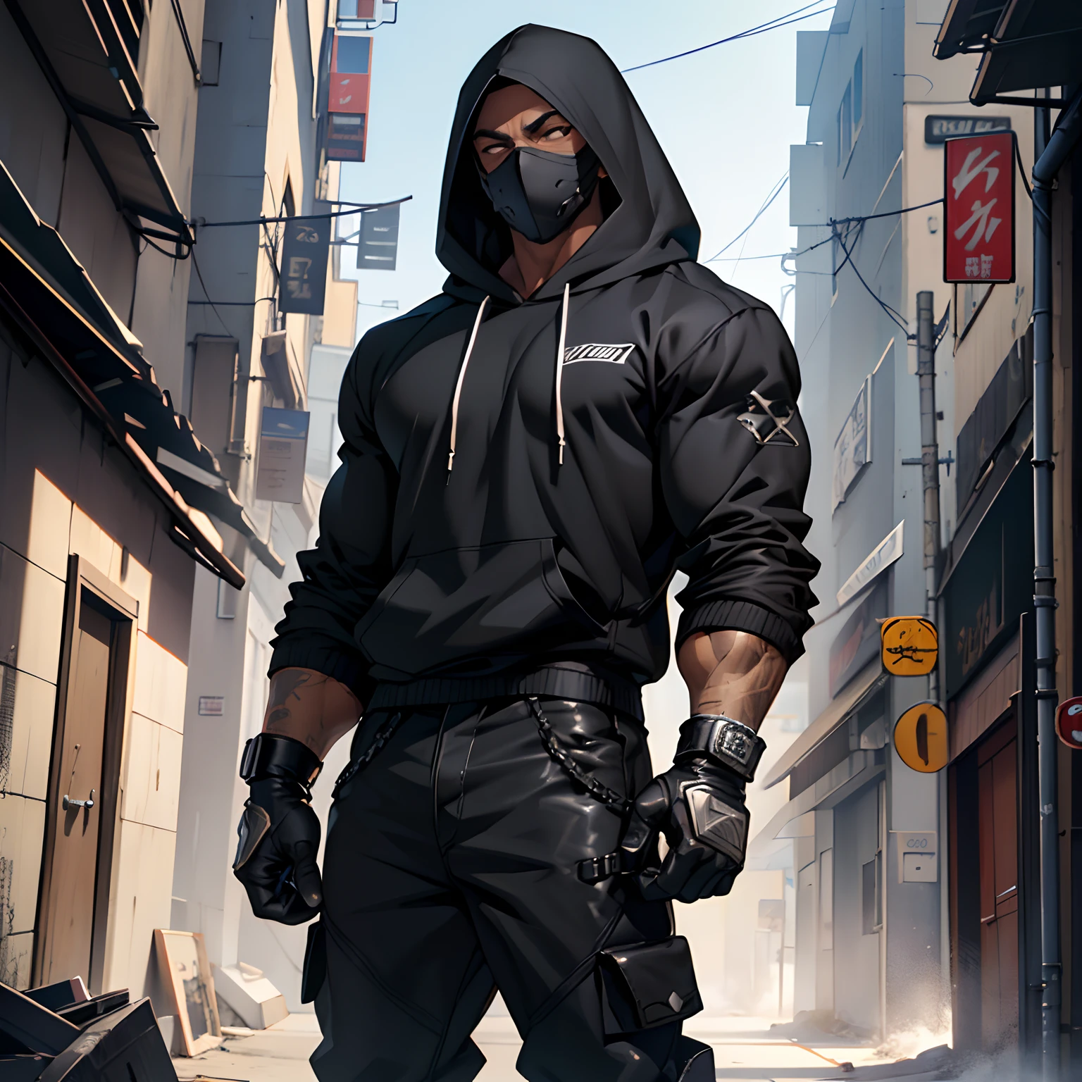 1man, man, black man, muscular build, shredded physique, tall, black mask, no eye holes, no face holes, black hoodie, black baggy pants, black boots, metallic silver gloves, Milwaukee backgroundBest quality, 8k, Masterpiece, realistic, anime style