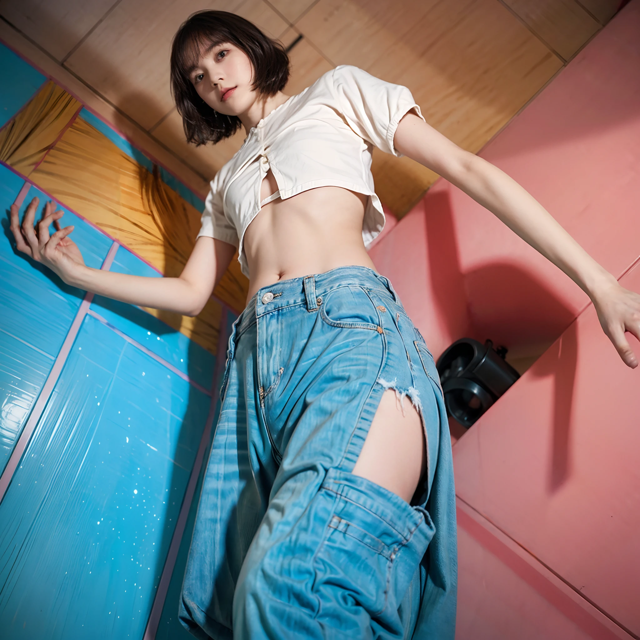 18
(Shorthair:1.3), (a 20 yo woman), (A hyper-realistic), (masutepiece), (8KUHD), midriff exposed, Woman in long pants, Small eyes, (The wall is abstract:1.23), (from below:1.9), low angle