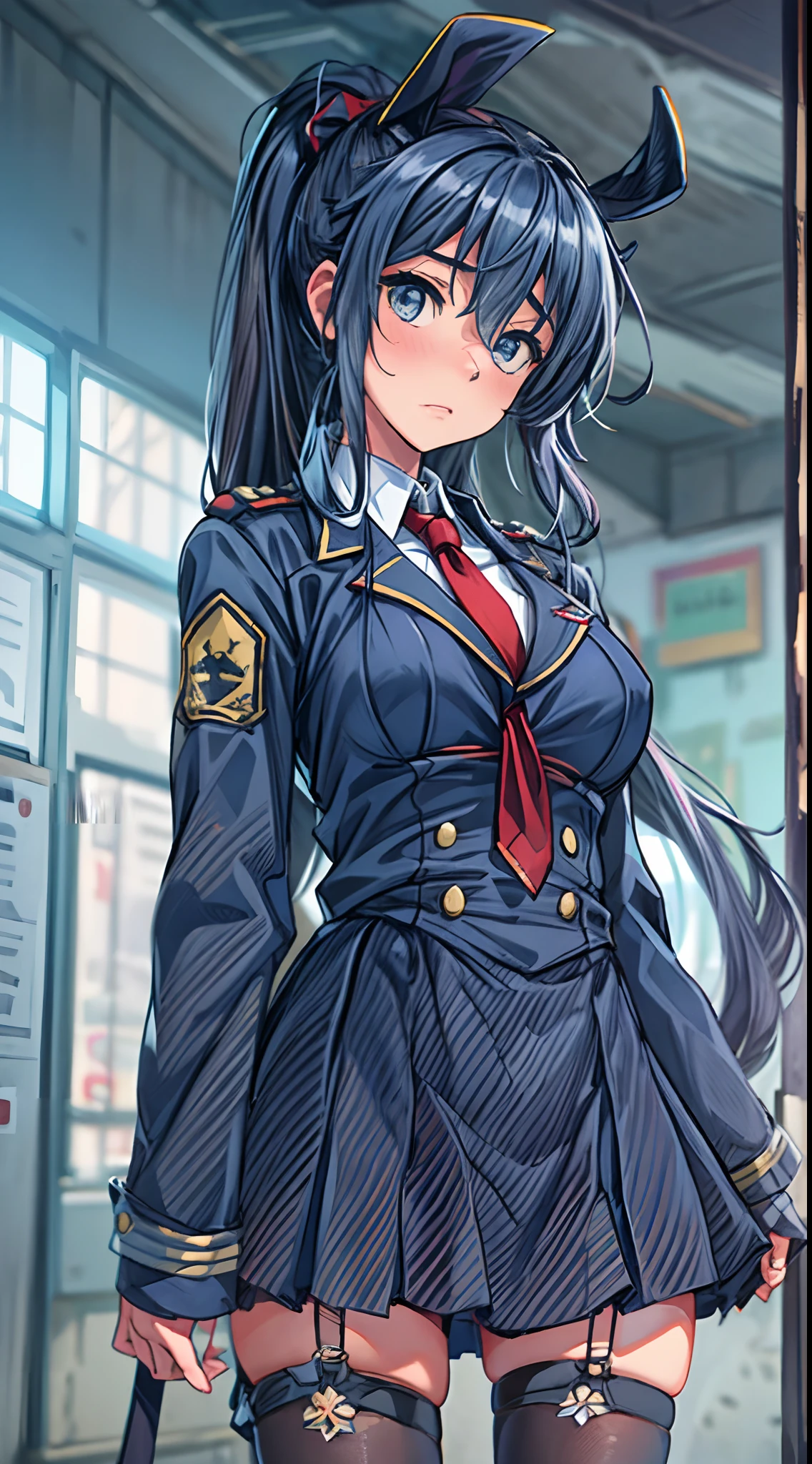 1girl, solo, Laura S. Arseid (long dark blue hair, ponytail and side Bang, small boobs), (inspired by trails of cold steel) in a school dress showing off her panties, in a military school, embarrassed