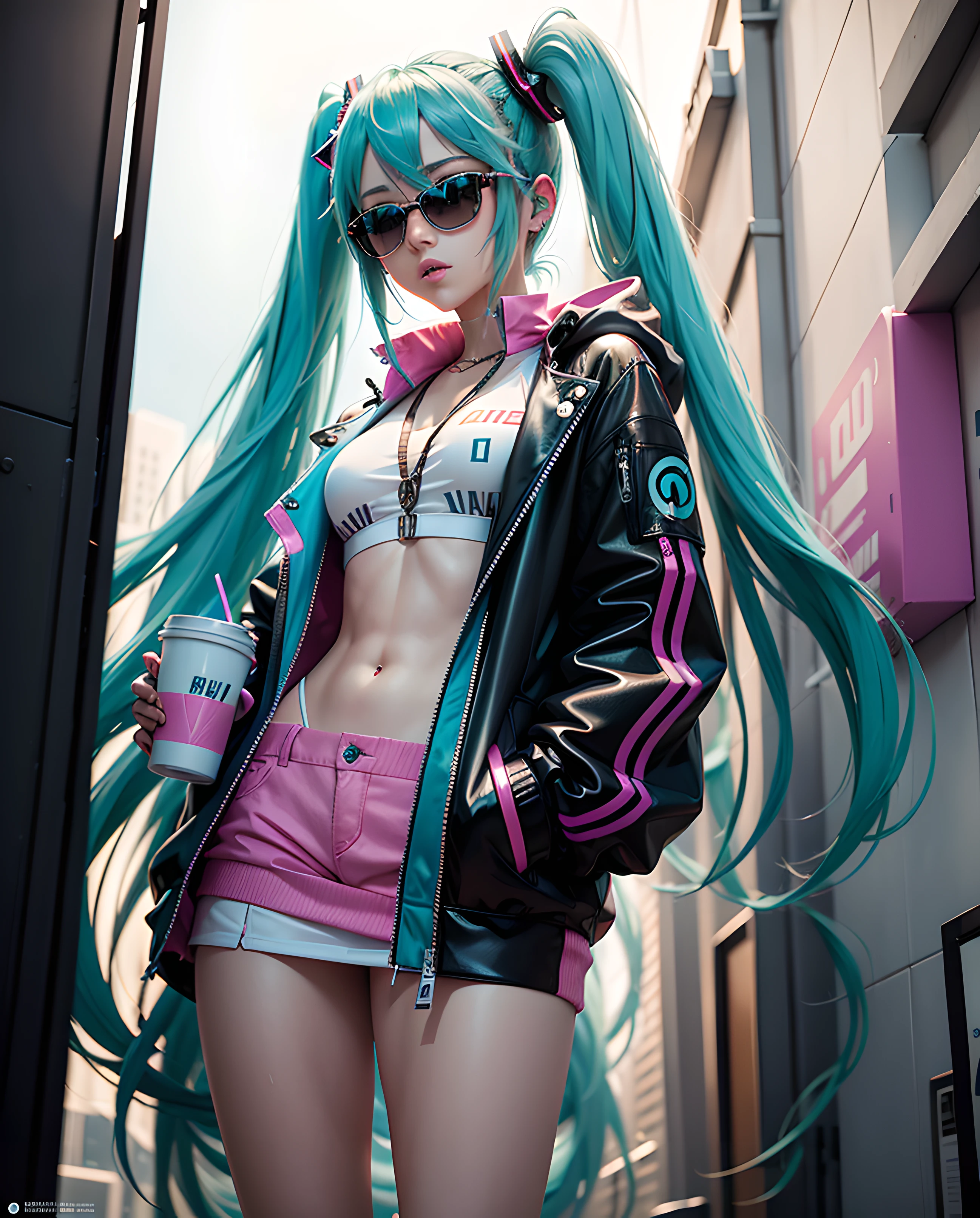 Hatsune Miku is a striking figure in her black puffer jacket, and the intricate details of the outfit are rendered with unsurpassed quality and attention to detail. The realistic textures and reflections on the jacket stand out, making the raindrops feel almost tangible. The reflections on her shiny outfit are incredibly crisp, enabling you to see your own reflection. Hatsune Miku is holding a white styrofoam cup filled with a purple drink. As she stands with her back to the viewer, she emanates a captivating vibe of mystery and allure. The scene is a masterpiece, boasting impeccable quality and ultra-detailed features that showcase the artist's superb craftsmanship. Utilizing the latest technology in rendering, the result is a stunningly realistic portrayal of Hatsune Miku's outfit. The reflections and raindrops on her black Montclair jacket, along with her gold chain and jewelry are portrayed with the utmost care. The low-angle shot looking up adds to the sense of grandeur as Hatsune Miku's head faces the viewer, and her aviator-style sunglasses enhance her stylishness. The background of the album cover is a grey color palette, as if it were taken at a house party. The street art graffiti in the background adds an edgy feel to the scene, as Hatsune Miku looks out with a serious expression in her eyes. This L. A. Ring-inspired art style gives the cover a hip hop vaporwave aesthetic, with clean lines and a dripped-out texture. The font and layout of the cover is inspired by chief keef and playboi carti, making for a cohesive and exciting album cover experience. Overall, Hatsune Miku's stunning appearance adds to the already masterful scene, with her unique style and attention to detail. Her vibrant blue and pink hair falls in gentle waves down her back, and her sharp, piercing eyes hold a sense of intensity that draws in the viewer's attention. Her physical features, much like her outfit, are portrayed with the same level of intricacy and attention to detail.
