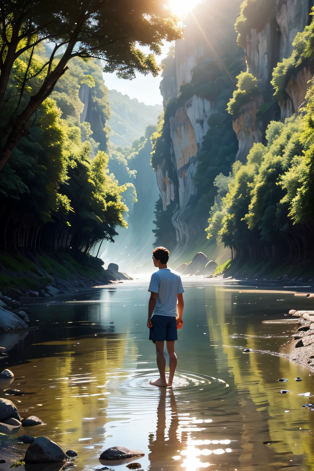 Um jovem rapaz encontra-se na tranquila margem de um rio, where the water flows smoothly around you. He's wearing simple clothes, um par de shorts e uma camiseta, And your bare feet touch the cold water of the river. The afternoon sun illuminates the scenery, causing nearby trees to cast soft shadows over the water's surface. Describe how the young man feels as he watches the reflection of the sun dancing on the water. He's thoughtful? Sereno? Ou talvez ansioso para explorar o que o rio esconde em suas margens? Tell us about the emotions and thoughts of this young man as he finds himself on the edge of this picturesque river."