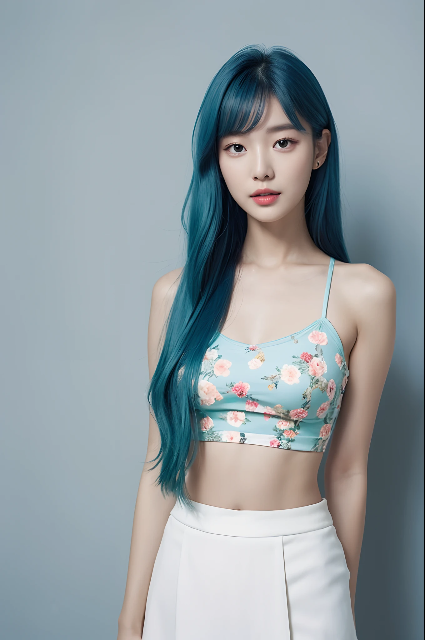 a woman in a floral crop top and mint skirt posing for a picture, croptop, crop top, bralette, wearing white camisole, bae suzy, wearing a camisole, physical : tinyest midriff ever, gorgeous young korean woman, heonhwa choe, cutecore, lulu chen, reluvy5213, light blue hair