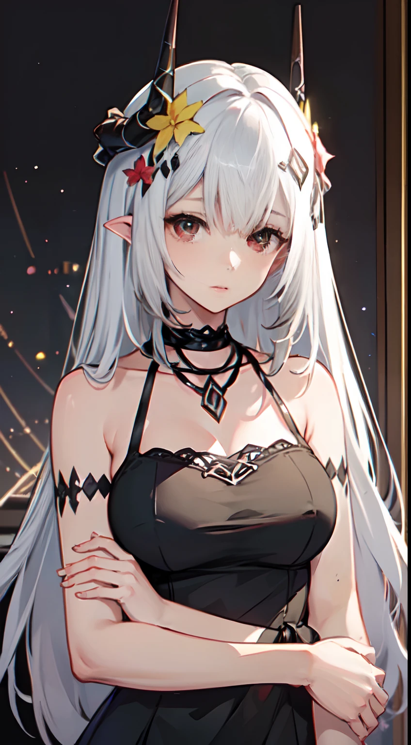 Two-dimensional lady with long white hair and bangs, Red eyes, Black horns, and black dresses, Mud Rock Ark, (Masterpiece, Top quality, Best quality, offcial art, Beautiful and aesthetic:1.2), (1girll), Extremely detailed, Colorful, Highest detail, Perfect face, hdr, (Perfect anatomy), shiny skin best quality, Masterpiece, Neutral closure, Blushing face, Beautiful Kiritani Mira face, Fine gray eyebrows, (cozy room, cozily, Dim light fancy hotel background:1.7)