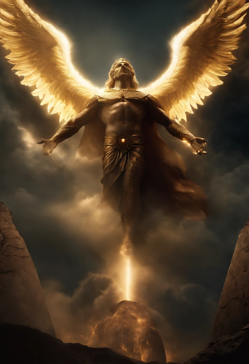 (best quality,4k,8k,highres,masterpiece:1.2),ultra-detailed,realistic:1.37,a powerful Divine being,expelling Lucifer from paradise,with intense anger and wrath,thunderbolts descending from the sky,godly light illuminating the scene,heavenly rays piercing through clouds,symbolic battle between good and evil,celestial energy engulfing the atmosphere,immense power,divine justice,paradise's lush garden in the background,golden gates protecting paradise,serpents slithering away in fear,the Divine being radiating holy aura,his face reflecting determination and righteousness,glowing eyes filled with divine fury,Lucifer trembling under the force of divine presence,heavenly angels witnessing the moment,their wings spread wide,angelic choir singing in the distance,sinister darkness pushed back by divine light,turbulent storm brewing in the heavens,cosmic energy pulsating in the air,divine flames engulfing Lucifer,destruction of evil and restoration of paradise.