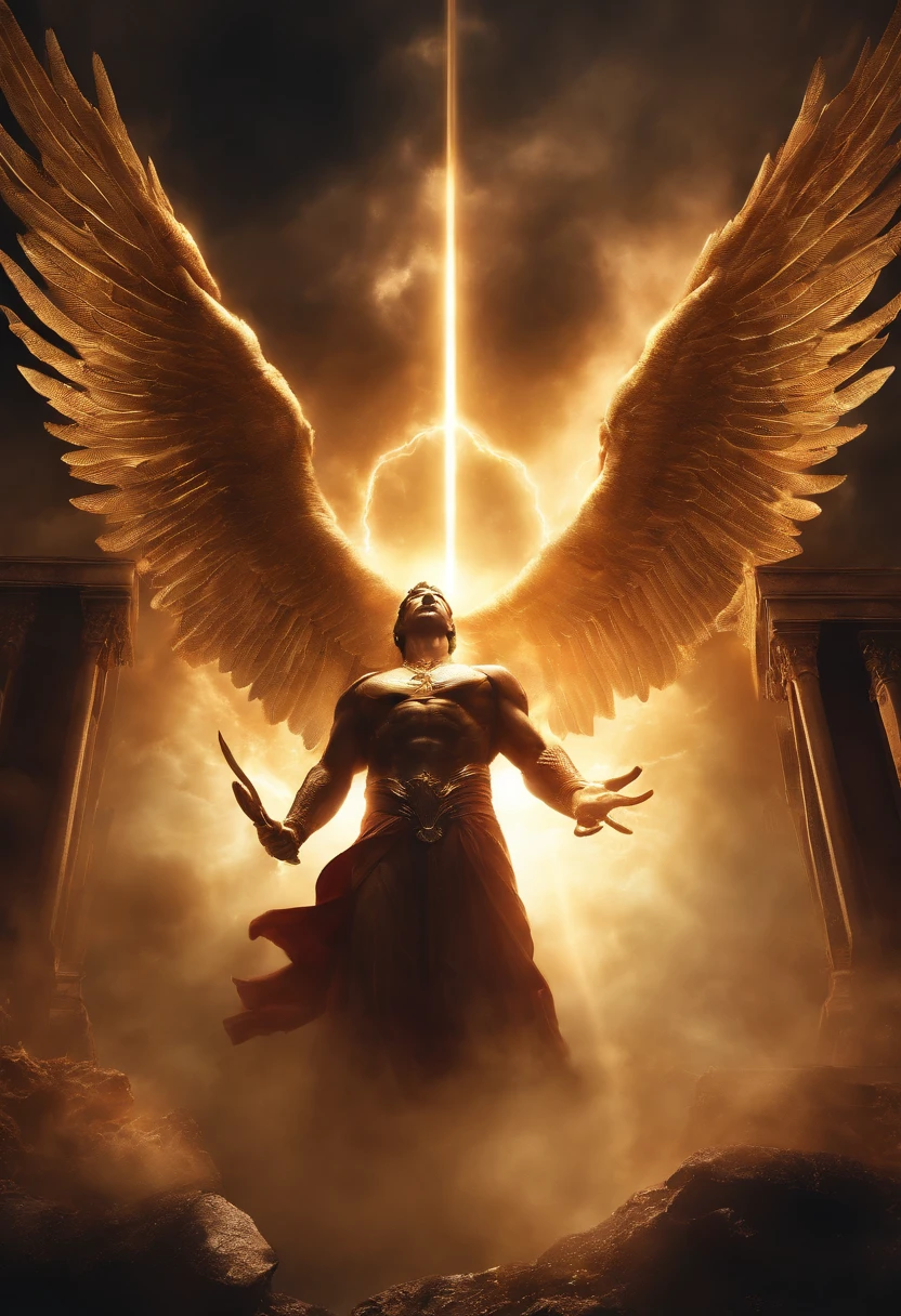 (best quality,4k,8k,highres,masterpiece:1.2),ultra-detailed,realistic:1.37,a powerful Divine being,expelling Lucifer from paradise,with intense anger and wrath,thunderbolts descending from the sky,godly light illuminating the scene,heavenly rays piercing through clouds,symbolic battle between good and evil,celestial energy engulfing the atmosphere,immense power,divine justice,paradise's lush garden in the background,golden gates protecting paradise,serpents slithering away in fear,the Divine being radiating holy aura,his face reflecting determination and righteousness,glowing eyes filled with divine fury,Lucifer trembling under the force of divine presence,heavenly angels witnessing the moment,their wings spread wide,angelic choir singing in the distance,sinister darkness pushed back by divine light,turbulent storm brewing in the heavens,cosmic energy pulsating in the air,divine flames engulfing Lucifer,destruction of evil and restoration of paradise.