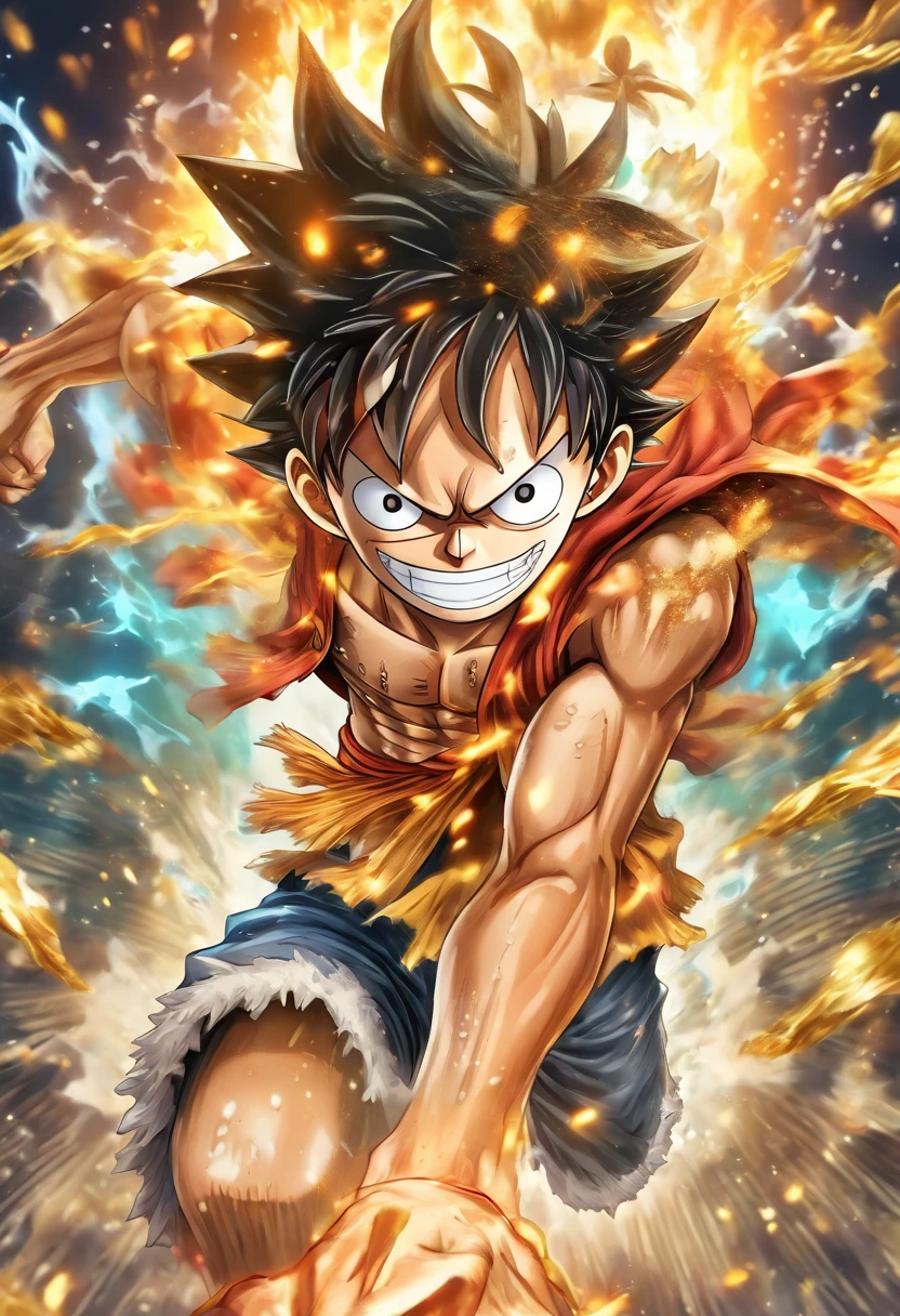 Top quality, niji style,soft anime style,Masterpiece, high resolution, 8K, Hoodie and anime style luffy, Luffy one piece, detailed line art, Bright white and bright amber style, Digital enhancement, Close up, Anime core, Flowing fabric,torogao