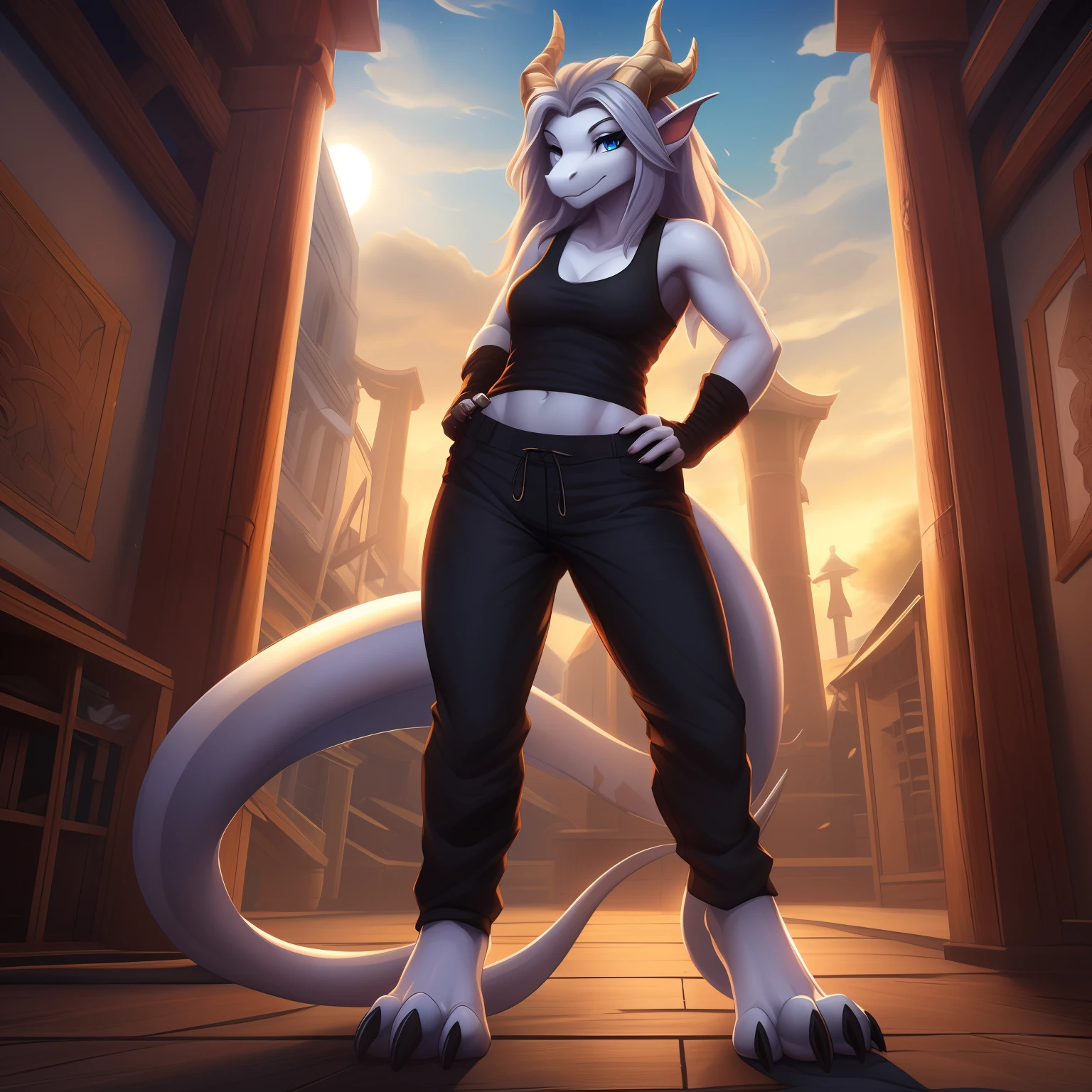 (masterpiece, best quality, high quality, highres:1.4), detailed, extremely detailed, dark lighting, 4K, female, 1female, slim_woman, toned body, dragon, white body, smooth skin, anthro legs, tone body, (dragon feet), (toe claw), black spikes, blue eyes, (detailed eyes), dragon horns, dragon tail, bare_shoulders, (clothing, topwear: tanktop, handwear:(cloth wrap), bottomwear:(pants:black))), beautiful, ((mouth closed)), long silver hair, has hair, pretty, monk, timid, averting eyes, cute, standing in a dojo, smiling