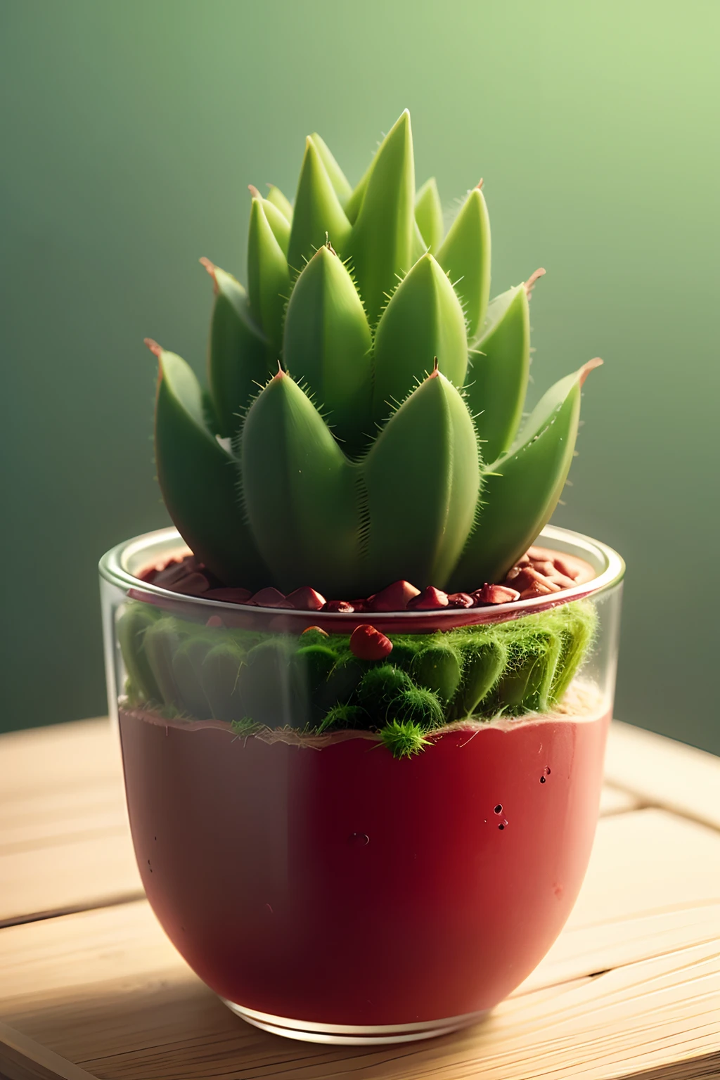 Crie a imagem de uma planta do tipo cactus suculenta em um vaso pequeno cor vermelha escrito no vaso cactos e suculentas da Leninha