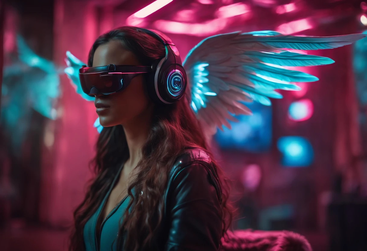 A pretty winged fairy wearing headphone playing vr goggles in futuristic cyberpunk neon light room, wing feathers scattered in the air, perfect cyberpunk wings, dynamic action poses, messy long hair, futuristic cyberpunk interior and urban wallpeaper, vibrant, realistic object, 24mm f1.4 lens, dynamic ambient lighting, depth of field, dynamic wide mid shot view, higly detailed, ultra realistic atmosphere, detailed object, UHD, 8k, HDR, sharp focus, creative imagination