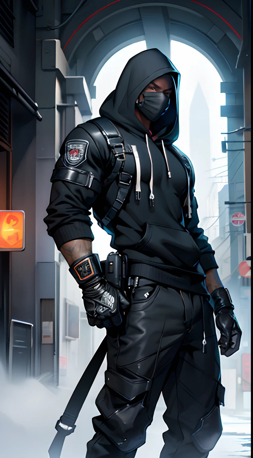 1man, man, black man, muscular build, shredded physique, tall, black faceless mask, mask that covers entire head, no face holes, black hoodie, black baggy pants, black boots, metallic silver gloves, Milwaukee background, extremely highly detailed gorgeous face, glowing, ultra high definition, 8k, unreal engine 5, unity, ultra sharp focus, DSLR, glamorous, glimmer, brush strokes, smooth, intricate artwork masterpiece,