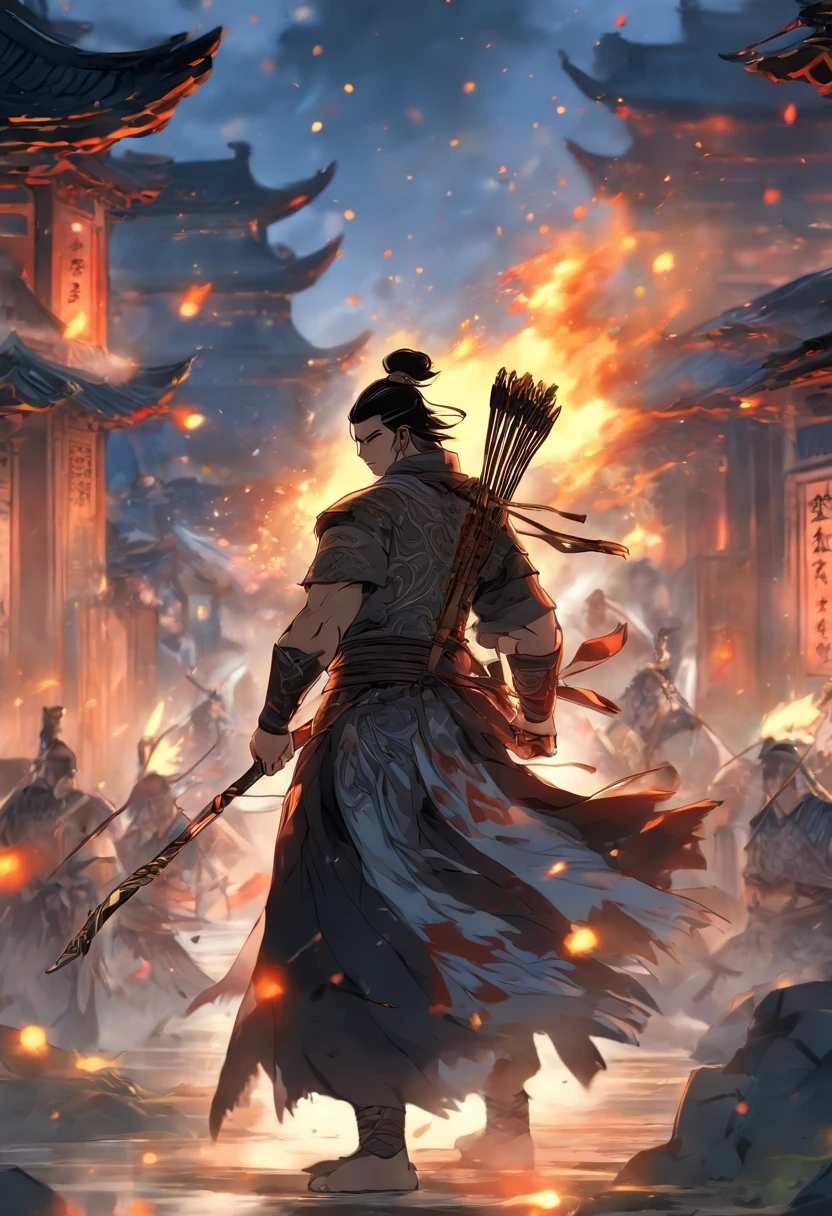 ((master piece)),(Best quality)),Distant view,archer,Middle-aged Taoist,Ancient wars,Soldiers,Ancient city walls,Chinese Ancient Architecture,fire glow,bow and arrows,Glow effects,Hyper-realistic,Ultra-realistic simulation,Chinese black and white ink style,Black and white ,discoloration,stain,ink,8K,super-fine,High quality