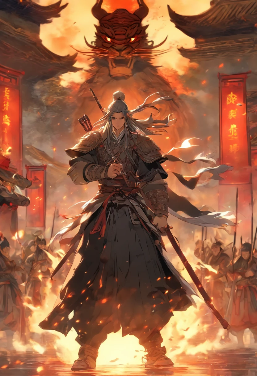 ((master piece)),(Best quality)),Distant view,archer,Middle-aged Taoist,Ancient wars,Soldiers,Ancient city walls,Chinese Ancient Architecture,fire glow,bow and arrows,Glow effects,Hyper-realistic,Ultra-realistic simulation,Chinese black and white ink style,Black and white ,discoloration,stain,ink,8K,super-fine,High quality
