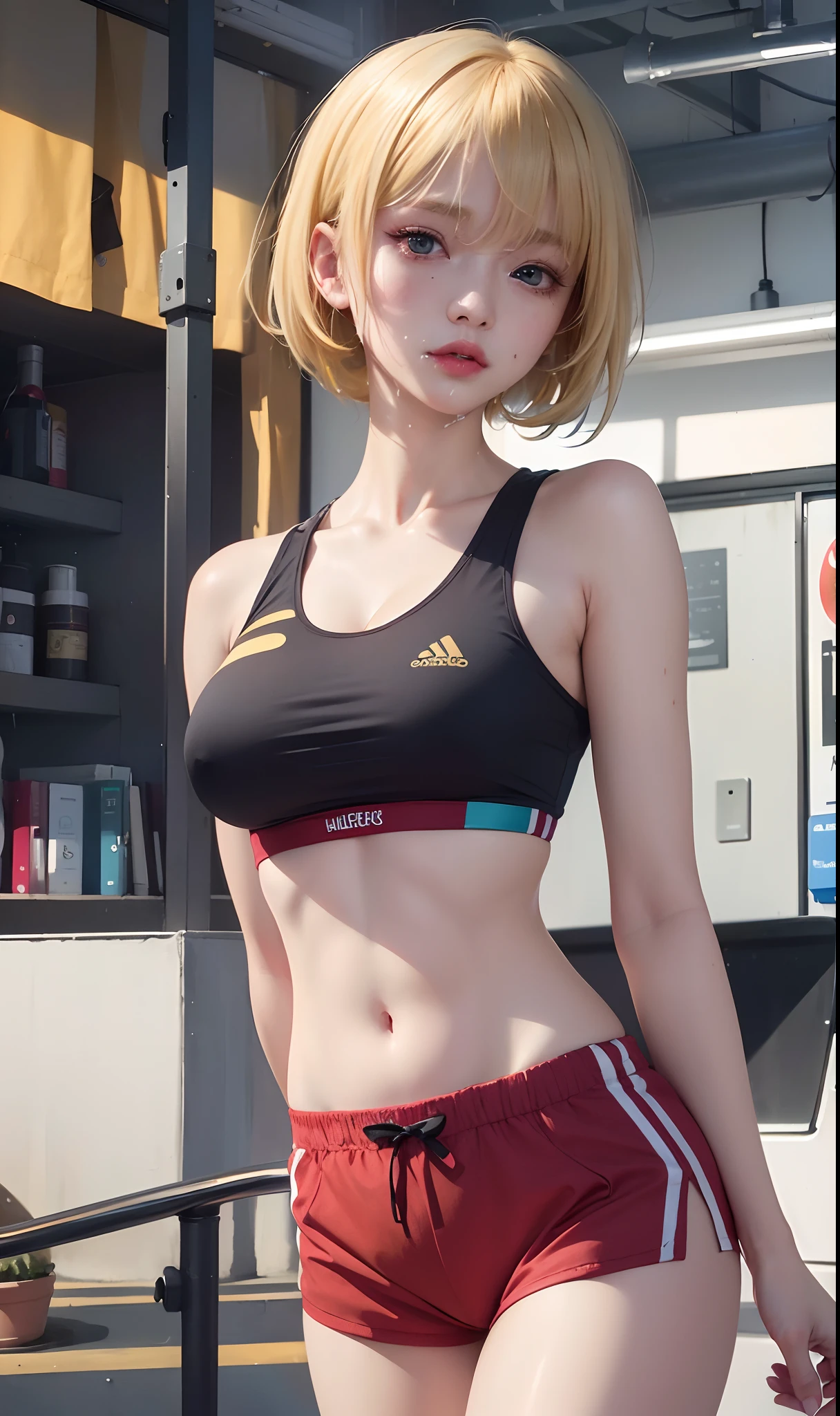 best quality, ultra high res, (photorealistic:1.4), 8k resolution, girl, (yellow hair:1.3), (realistic hair:1.2), (Korean girl:1.2), (realistic eyes:1.2), (beauty face:1.3), perfect body, white pale skin, big breast, cleavage, , (eyes looked up:1.3), (wet body and thong:1.2),