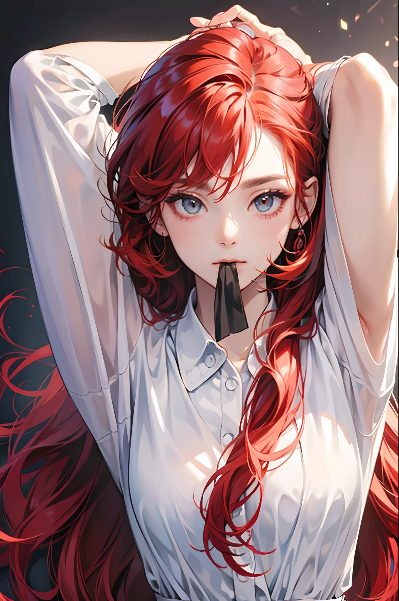 Masterpiece, Best Quality, highres, 1Girl, Solo, red hair, long wavy hair, red Eyes, Upper body only, fantasy jail background, Fantasy prisoner Clothing, large slave collar, mad face, forehead