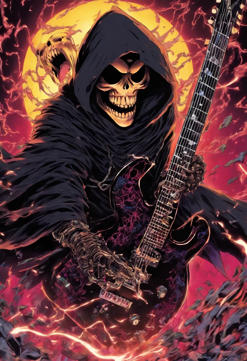 Japanese manga about a grim grim reaper is jumping and playing an electric guitar with angry face and the chain of thorns around the neck with fisheye camera angle drawing style by Tite Kubo