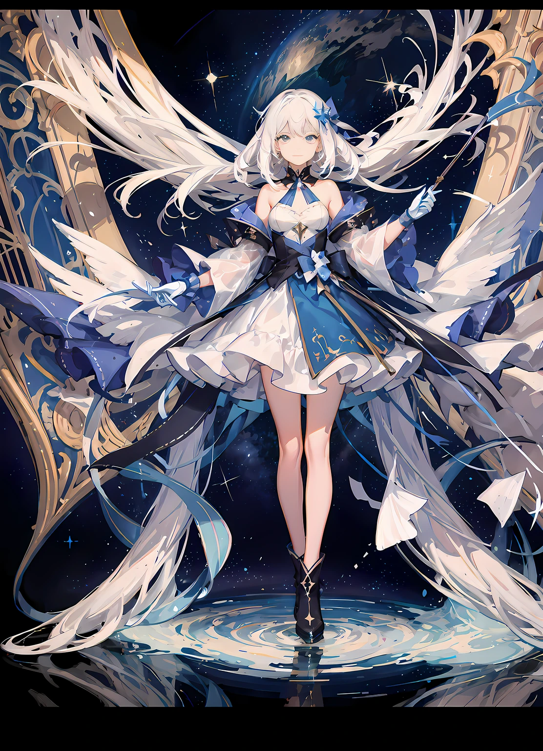 (down view),Dynamic Angle,Ultra-detailed, illustration, Close-up, straight on, 1girll, (fantasy:1.4), (azureblueeyes:1.233),Her eyes shone like dreamy stars,(Glowing eyes:1.233),(Beautiful and detailed eyes:1.1),(Silver hair:1.14),(Messy hair,Very long hair,french braid,hair between eye,side locks), (+(bule hair flower:1.14)),(Chiffon dress,bule flower pattern in uniform)/=(army suit:1.24),(Detached sleeves,Wide sleeves),(Fingerless gloves),choker necklace,(miko thighhighs),high heels boots,(Expressionless,Closed mouth),(standing), (classical Princess boudoir with dressing tableand french windowin a white ancient palaces),(White flowers,full bloom),(abyssal),(Flowing water),(a dull blue world tree:1.14),(废墟),(Night:1.2),Dreamy,soul,(Fluorescence),(flying translucent blue butterflies:1.15), [[Delicate fingers and hands:0.55]::0.85],(Detail fingers),(yubao:0.5),