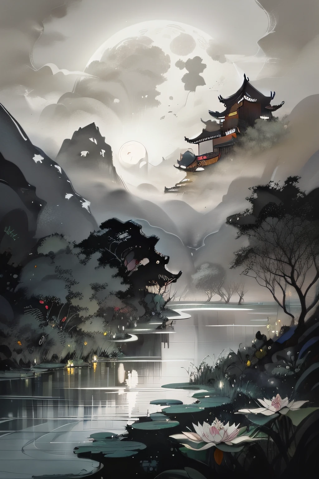 masterpiece,best quality,Chinese martial arts style,an asian night scene with lanterns and water lilies,asian pond with many lanterns and boatsa night scene with many lights and boats in the water, Lake surface, lotus flowers,beautiful night scene,(((Chinese martial arts style))), with vast sky, continuous mountains and steep cliffs, ink wash style, outline light, atmospheric atmosphere, depth of field, mist rising, bamboo, pine trees, octagonal stone pavilion, waterfall flowing water,big full moon,(No color) , Monochrome, light color,