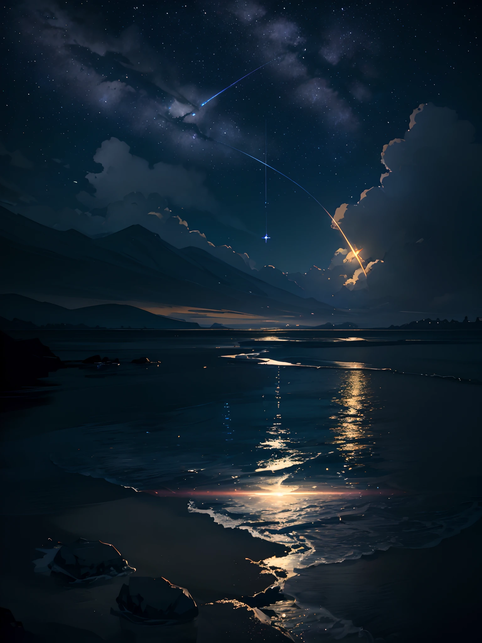 Anime setting of a star shining in the sky over a body of water, cosmic skies. por Makoto Shinkai, Makoto Shinkai Cirilo Rolando, Makoto Shinkai. —h 2160, ( ( Makoto Shinkai ) ), Estilo de Makoto Shinkai, Makoto Shinkai!, por Makoto Shinkai, por Makoto Shinkai