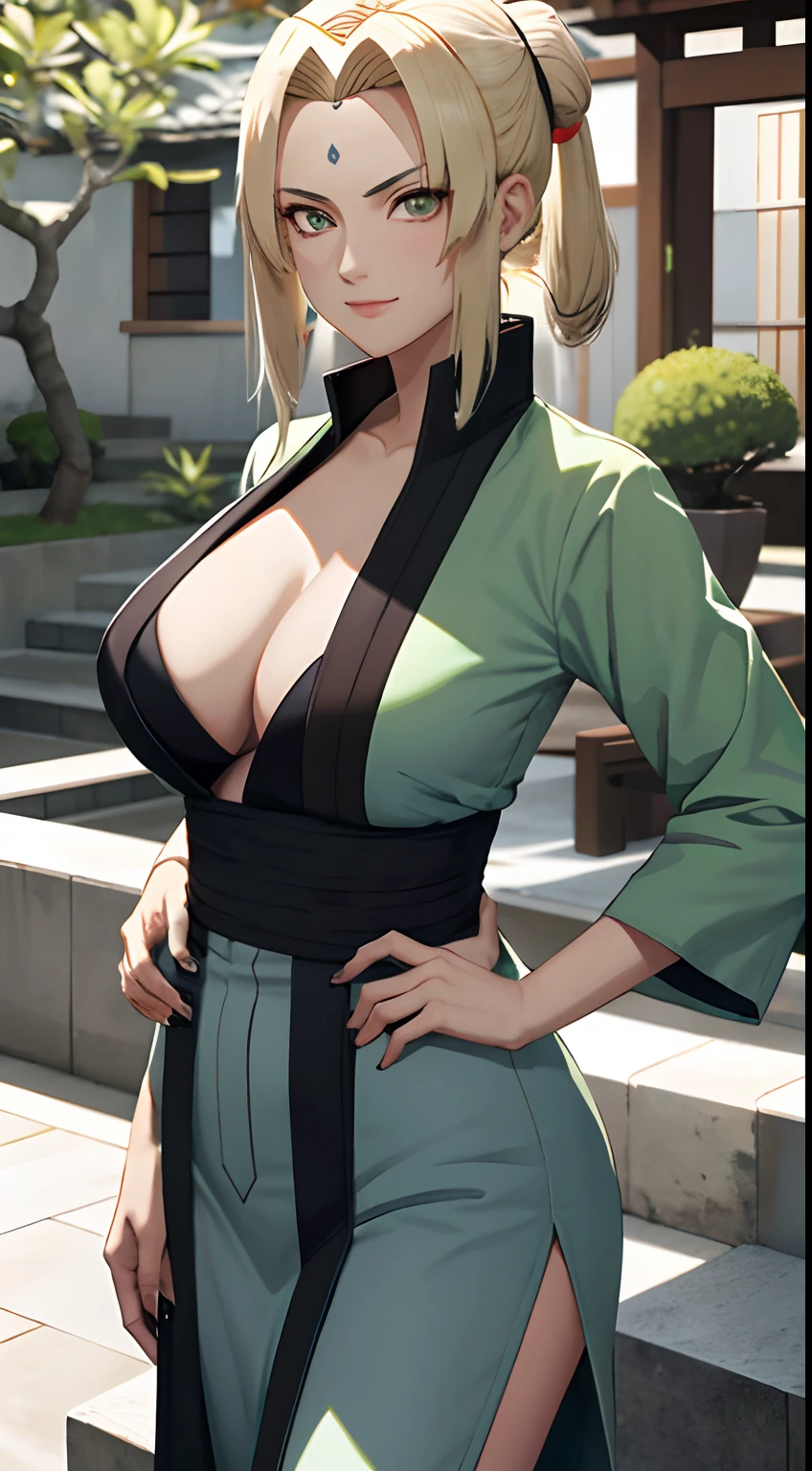 Tsunade Senju, Bela, obra prima, extremamente detalhado, melhor qualidade, best ilumination, melhor sombra, rosto perfeito, olhos castanhos brilhantes, marca azul na testa, usando um quimono cinza com um cinto vermelho e uma jaqueta verde, 1 girl, peitos grandes, bunda grande, inclinada pra frente olhando para o expectador, em konoha,