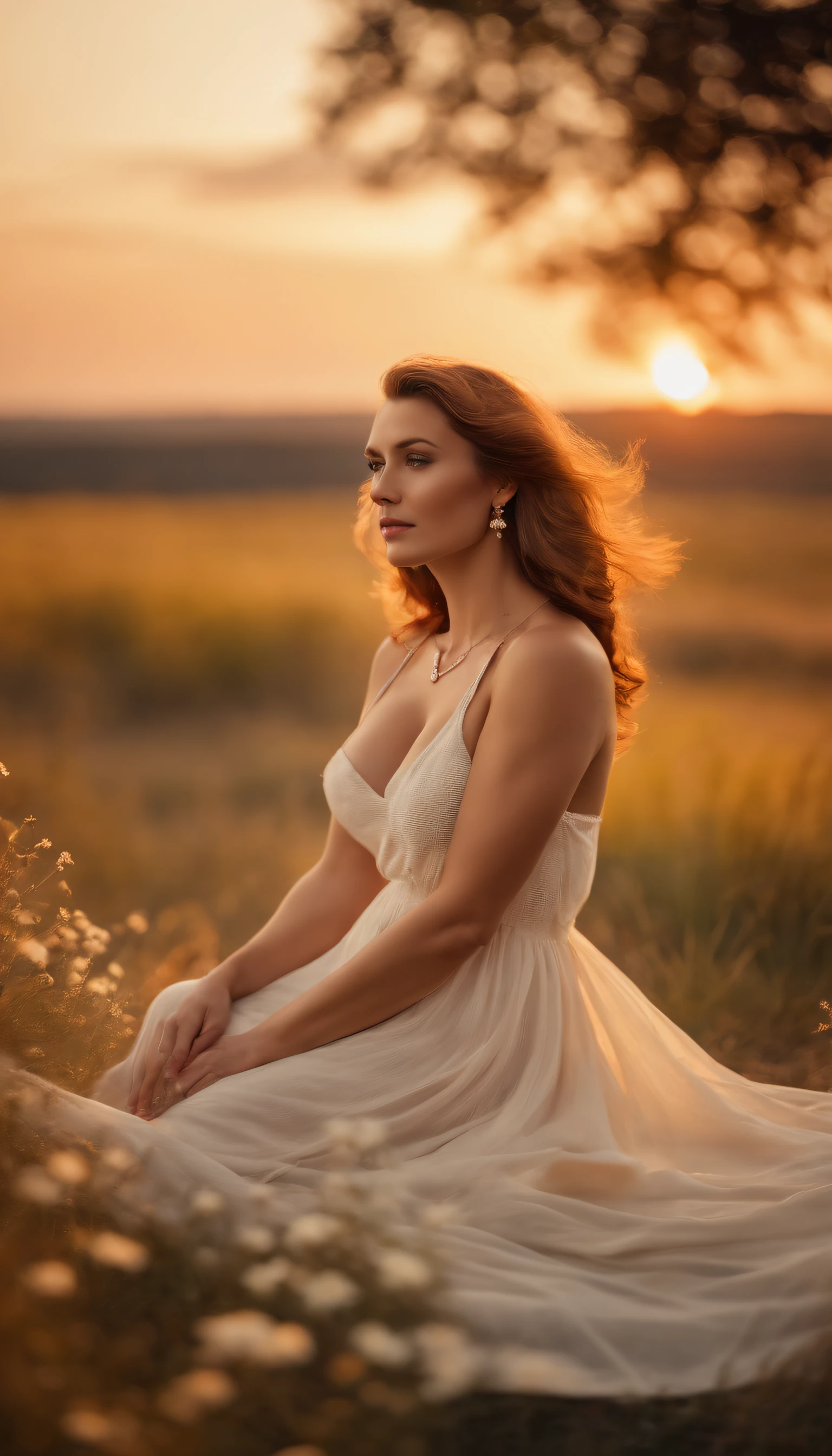photo-realism, woman, 35 years old, sitting on a white blanket, wearing a light summer dress, ((the dress accentuates the prominence of the breasts 1.4)), one pendant chain around the neck, small earrings, a meadow, meadow flowers, a reddish sky, a sunset, light brown hair, light hair, fair hair, blond hair, smooth hair, hair down to the nape of the neck, looking at the camera, 8 k
