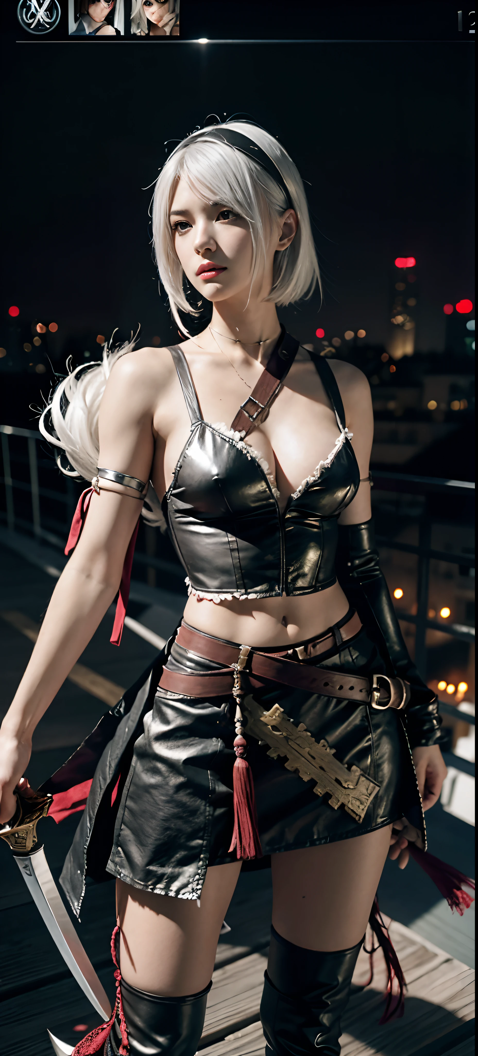 a close up of a person in a costume with a sword, as a character in tekken, female character, tifa lockhart with white hair, katana zero video game character, lunar themed attire, kda, slim body, cyborg - girl with silver hair, upper body avatar, (( medium breast;1.2)), fashion gameplay screenshot, fighting game character, new character, floralpunk elysian maiden, sigma female