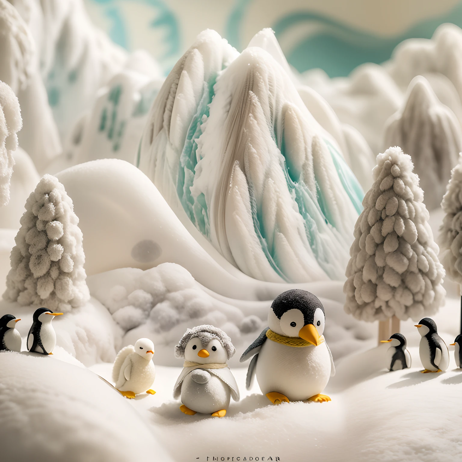 (tmasterpiece, best qualtiy,8K, RAW photogr, realisticlying, absurderes:1.2),The world of wool felt,wool knitted fabric,Snowy mountains made of wool felt,Cute penguins made of wool felt,Snow and ice made of wool felt,Cartoon Antarctic landscape,super adorable,Photorealistic, Ultra-detailed, finedetail, high resolution,Jon Klassen,In Studio Ghibli style,