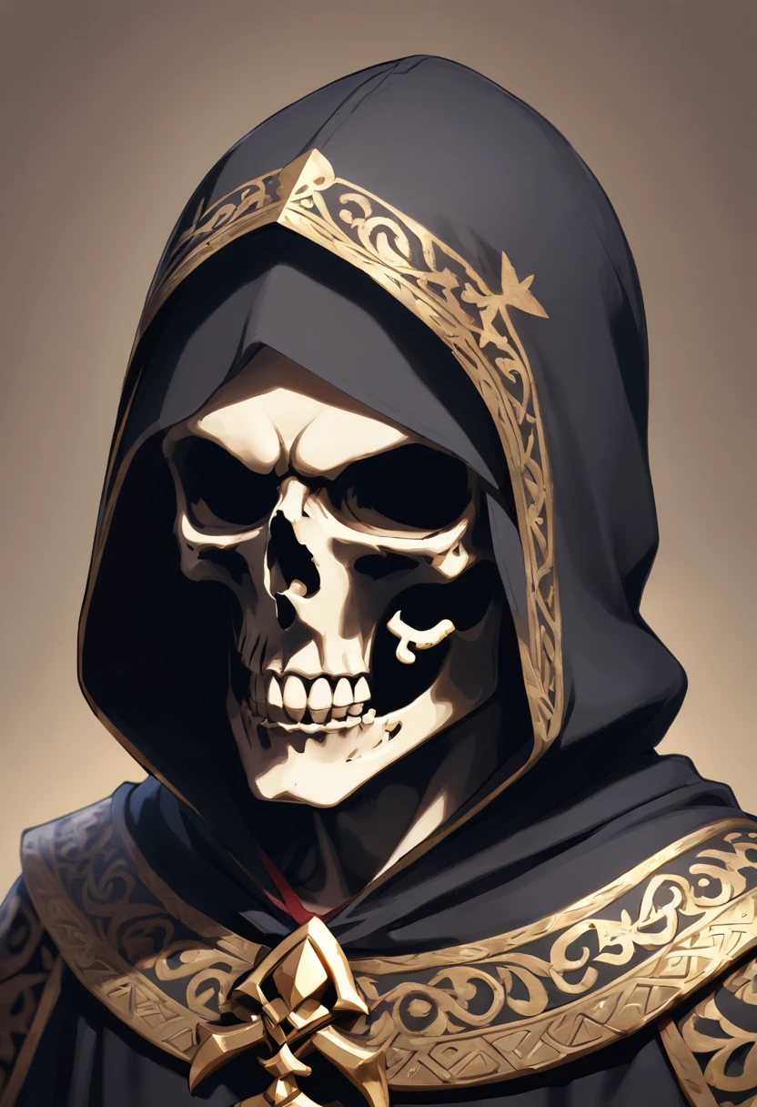 (best quality,highres,masterpiece:1.2),ultra-detailed,realistic, HDR, [busto de caveira masculino], [capuz preto], [olhando para frente], [detalhes faciais perfeitos], [serious and intense expression], [fundo sombrio], [lighting dramatic], [sombras fortes], [contraste acentuado], [cores vibrantes], [efeito de profundidade], [textura realista do capuz], [pinceladas suaves], [detalhes do cabelo], [olhar penetrante], [rugas suaves], [silhueta imponente], [low camera angle], [Hint of Mystery and Power], [atmosfera sombria], [Realistic skull texture], [base preta brilhante], [Challenging Expression], [4K分辨率].

Be aware of：This theme depicts a skeleton bust of a male with a black hood，Face forward。You can add more details to the description。