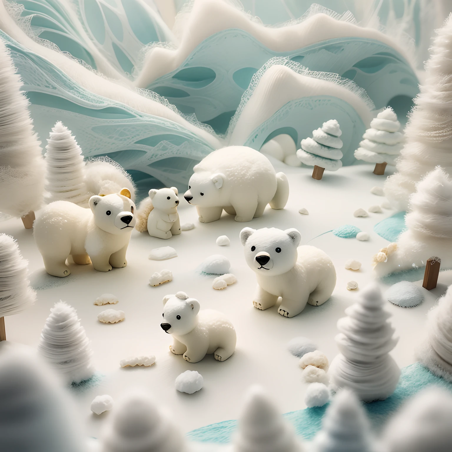 (tmasterpiece, best qualtiy,8K, RAW photogr, realisticlying, absurderes:1.2),The world of wool felt,wool knitted fabric,Snowy mountains made of wool felt,Cute polar bear made of wool felt,Ice and snow made of wool felt,Cartoon arctic landscape,super adorable,Photorealistic, Ultra-detailed, finedetail, high resolution,Jon Klassen,In Studio Ghibli style,