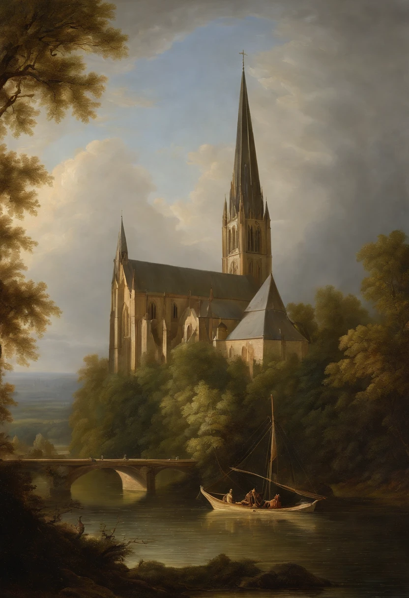 a painting of a painting of a cathedral with a young woman in a boat in the water on a lake, (junge Frau mit Sonnenschirm im Boot), ein Matte Painting von Friedrich Gauermann, Pinterest (Englisch) (Englisch) (Englisch), Gotische Kunst, carl friedrich, Neugotische Kunst, berthold woltze, inspirierende gotische Architektur, Gotische Kathedrale, Gotische Malerei, Gotische Architektur, Late Gothic sacred painting, sebastian pether, asher david friedrich, Stil der deutschen Romantik