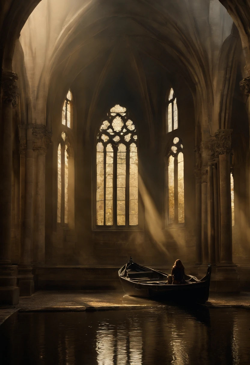 a painting of a painting of a cathedral with a young woman in a boat in the water on a lake, (junge Frau mit Sonnenschirm im Boot), ein Matte Painting von Friedrich Gauermann, Pinterest (Englisch) (Englisch) (Englisch), Gotische Kunst, carl friedrich, Neugotische Kunst, berthold woltze, inspirierende gotische Architektur, Gotische Kathedrale, Gotische Malerei, Gotische Architektur, Late Gothic sacred painting, sebastian pether, asher david friedrich, Stil der deutschen Romantik